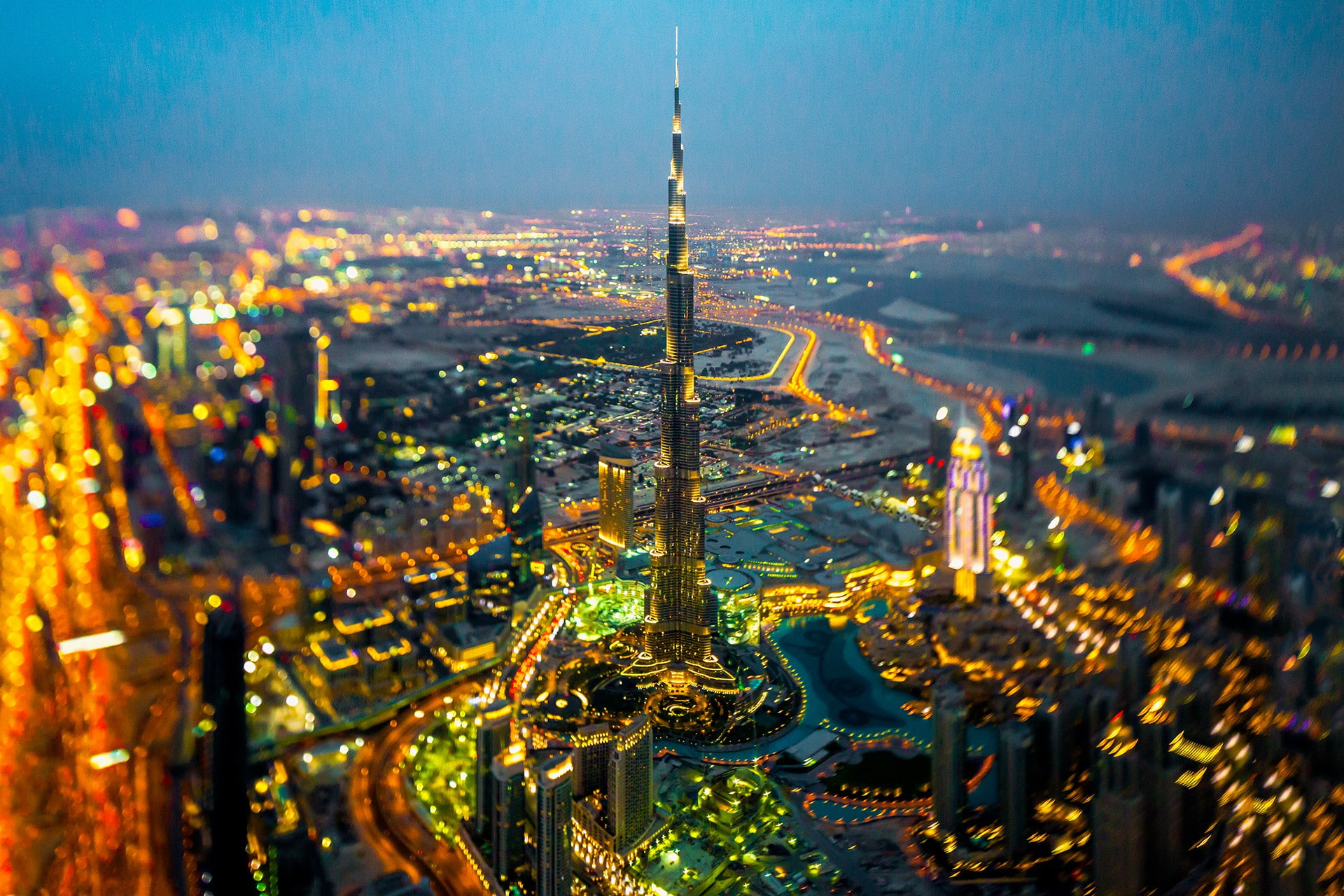 Burj Khalifa, Dubai horizon, street, lights, at night