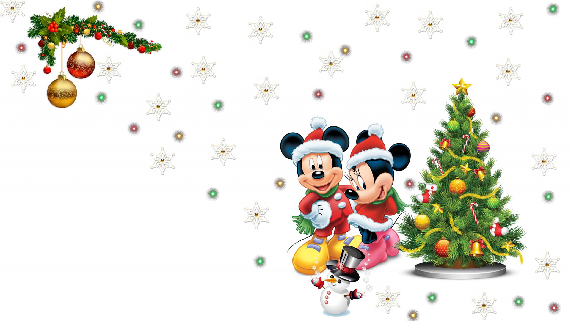 mickey mouse, mickey, snowflake, minnie, pretty lights, snowman, christmas tree