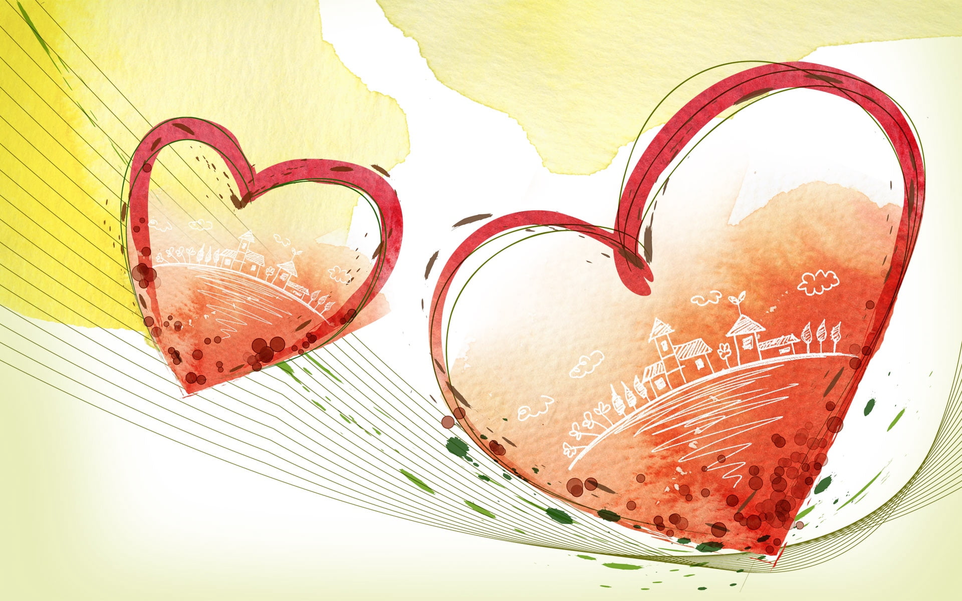 two hearts illustration, couple, love, card, paint, heart Shape