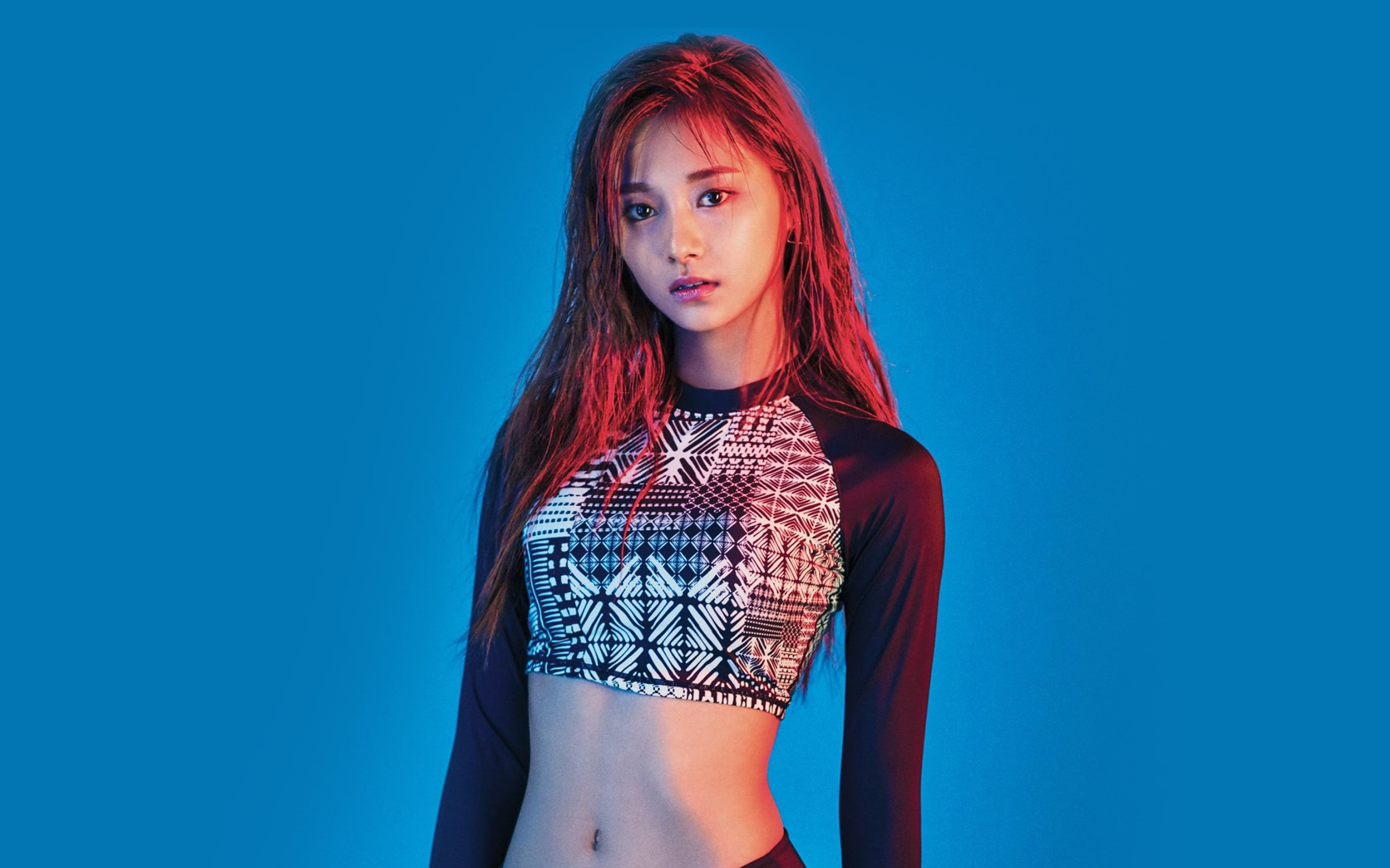twice, blue, summer, girl, kpop, one person, studio shot, hairstyle