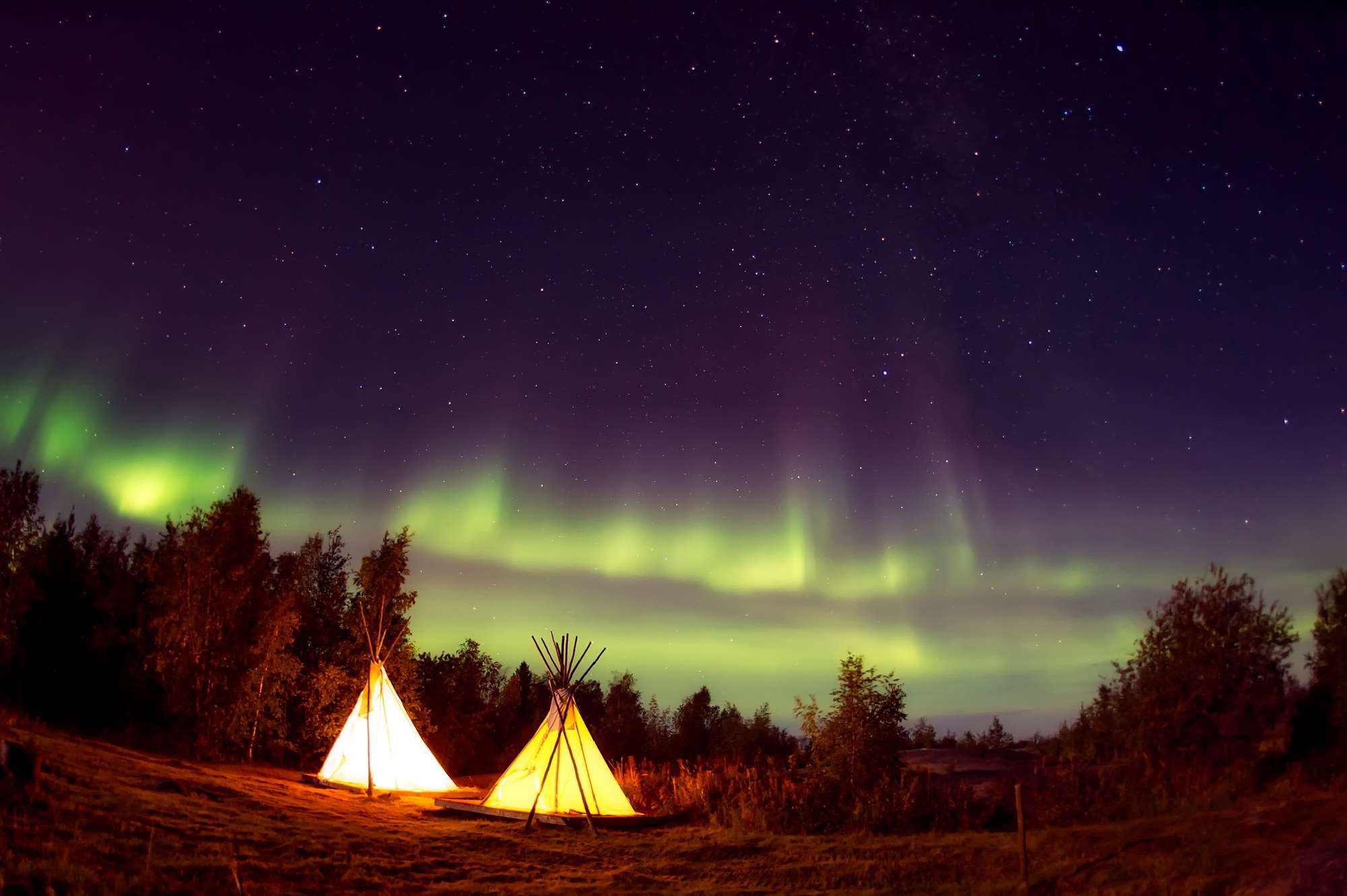 aurora borealis, camp, campsite, country, forest, landscape