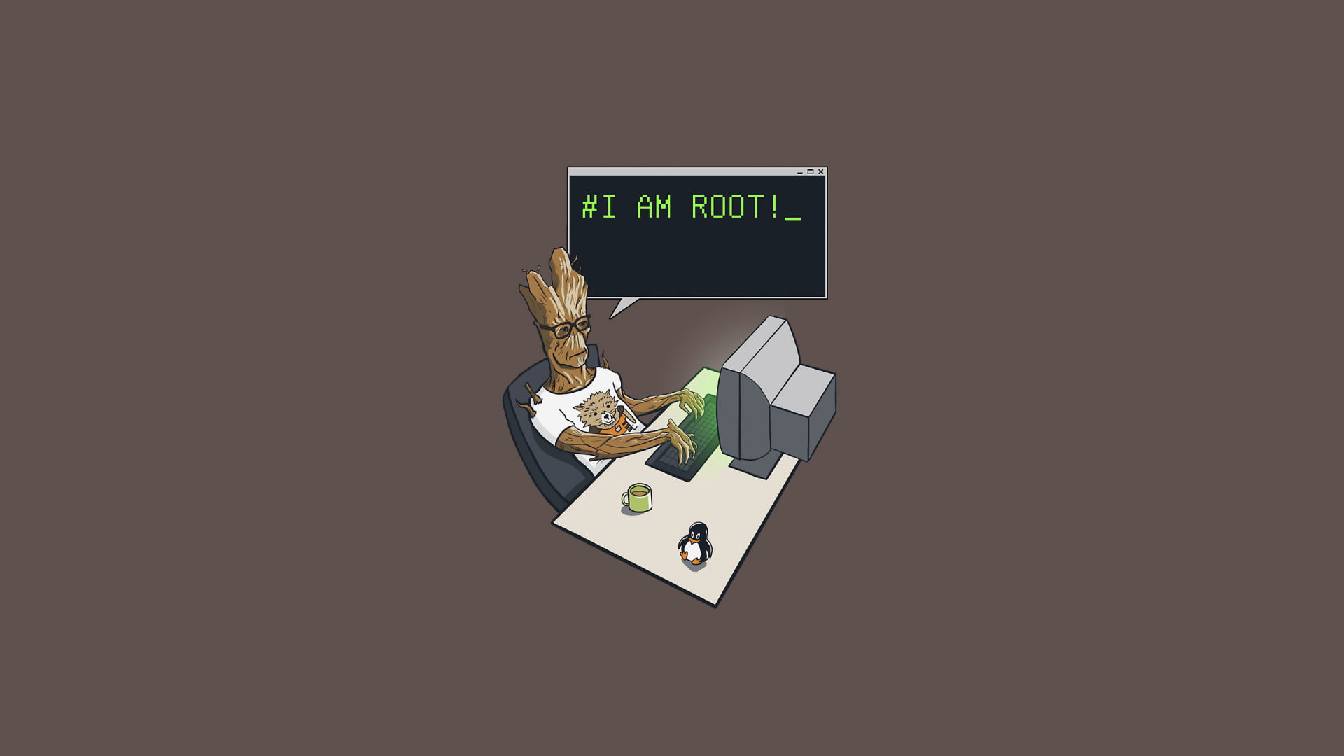 Groot illustration, Groot using computer and sitting on the chair