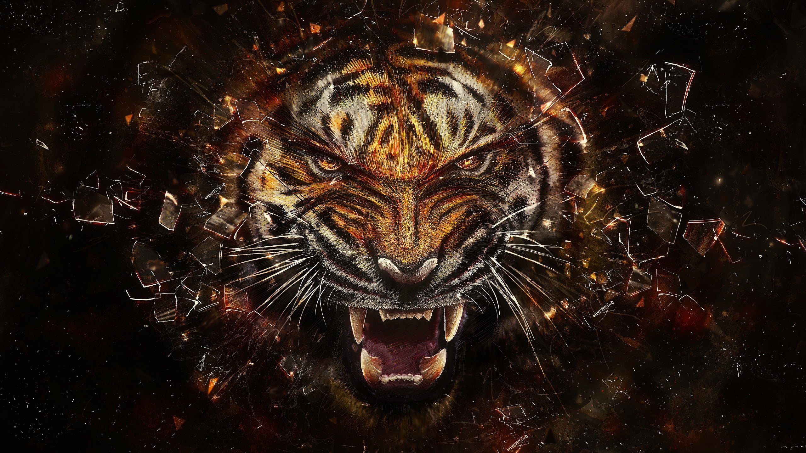 tiger portrait wallpaper, abstract, animals, digital art, shattered