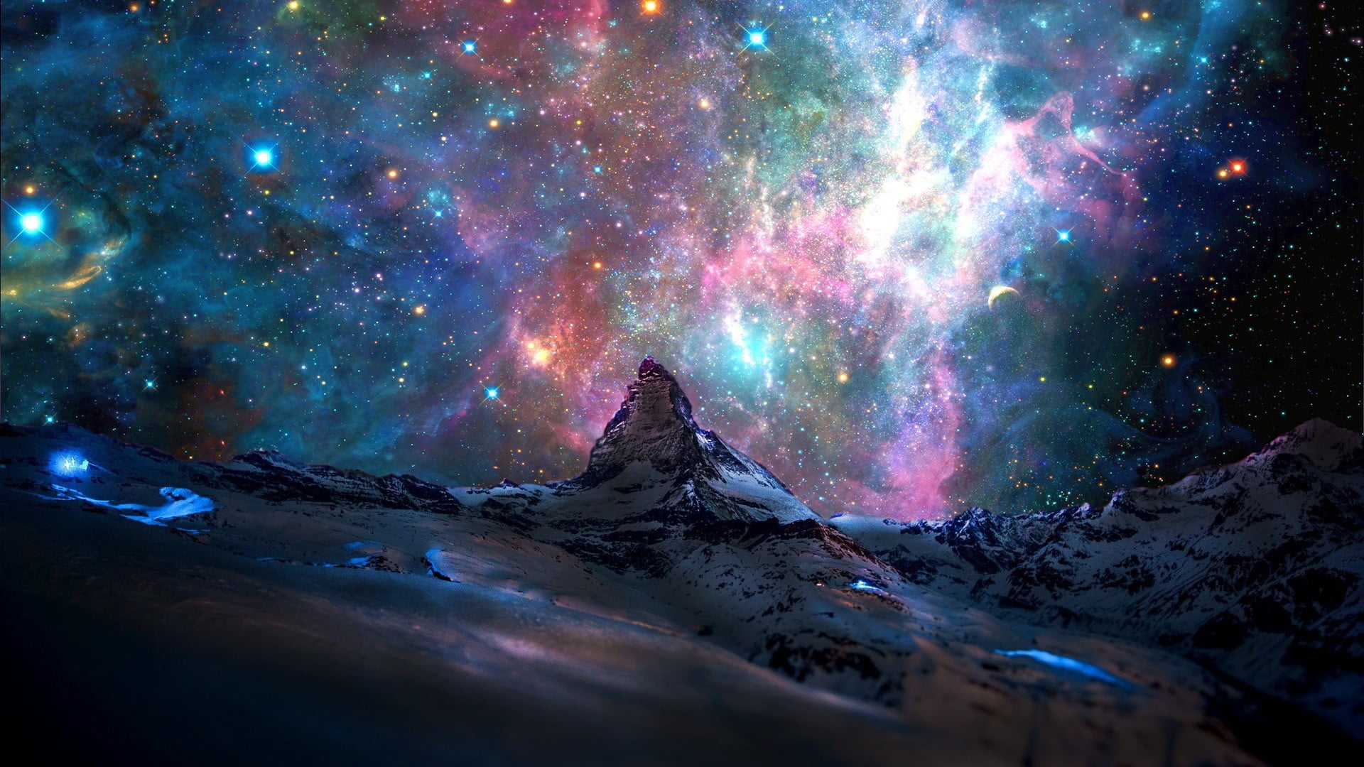 galaxy wallpaper, cosmic ray illustration, stars, mountains, nebula