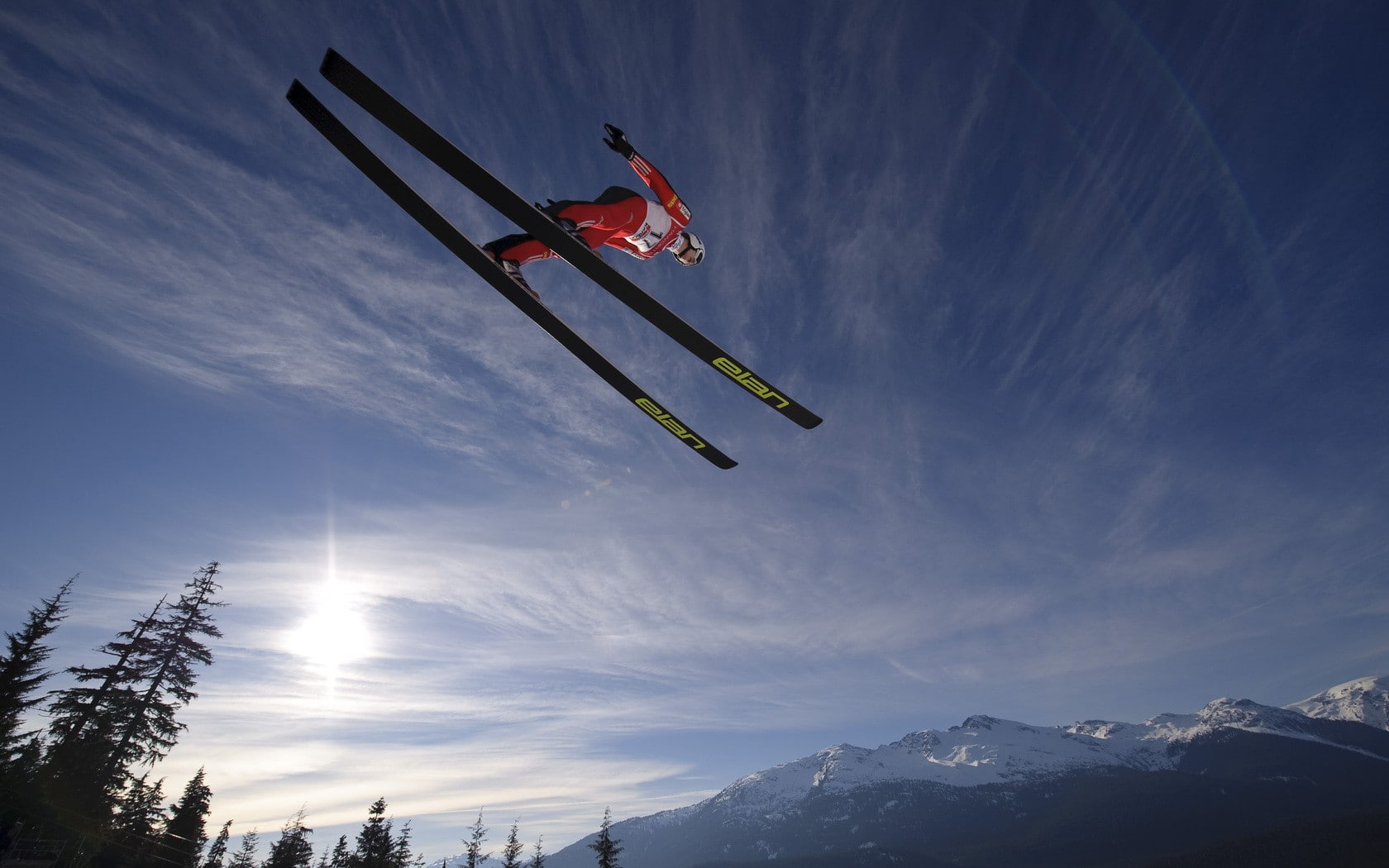 Ski Skiing Jump Stop Action Sunlight HD, man in red overall and black snow skis