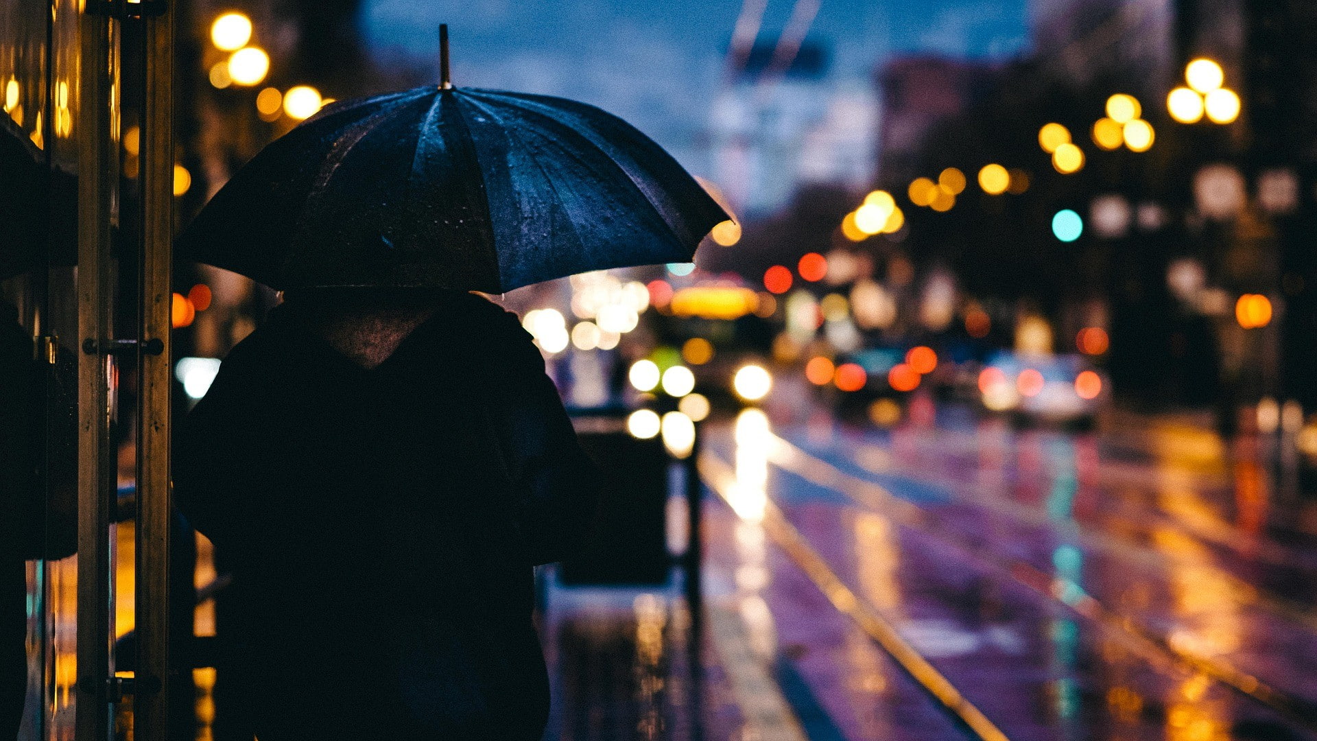drizzle, night, bokeh lights, evening, rainy day, city, umbrella