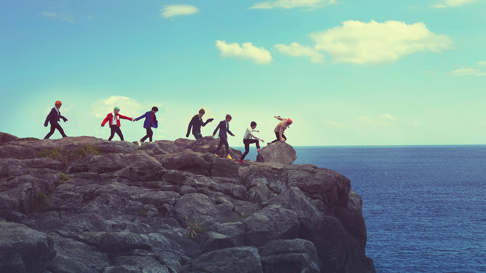 brown stone hill, Music, BTS, sky, sea, water, group of people