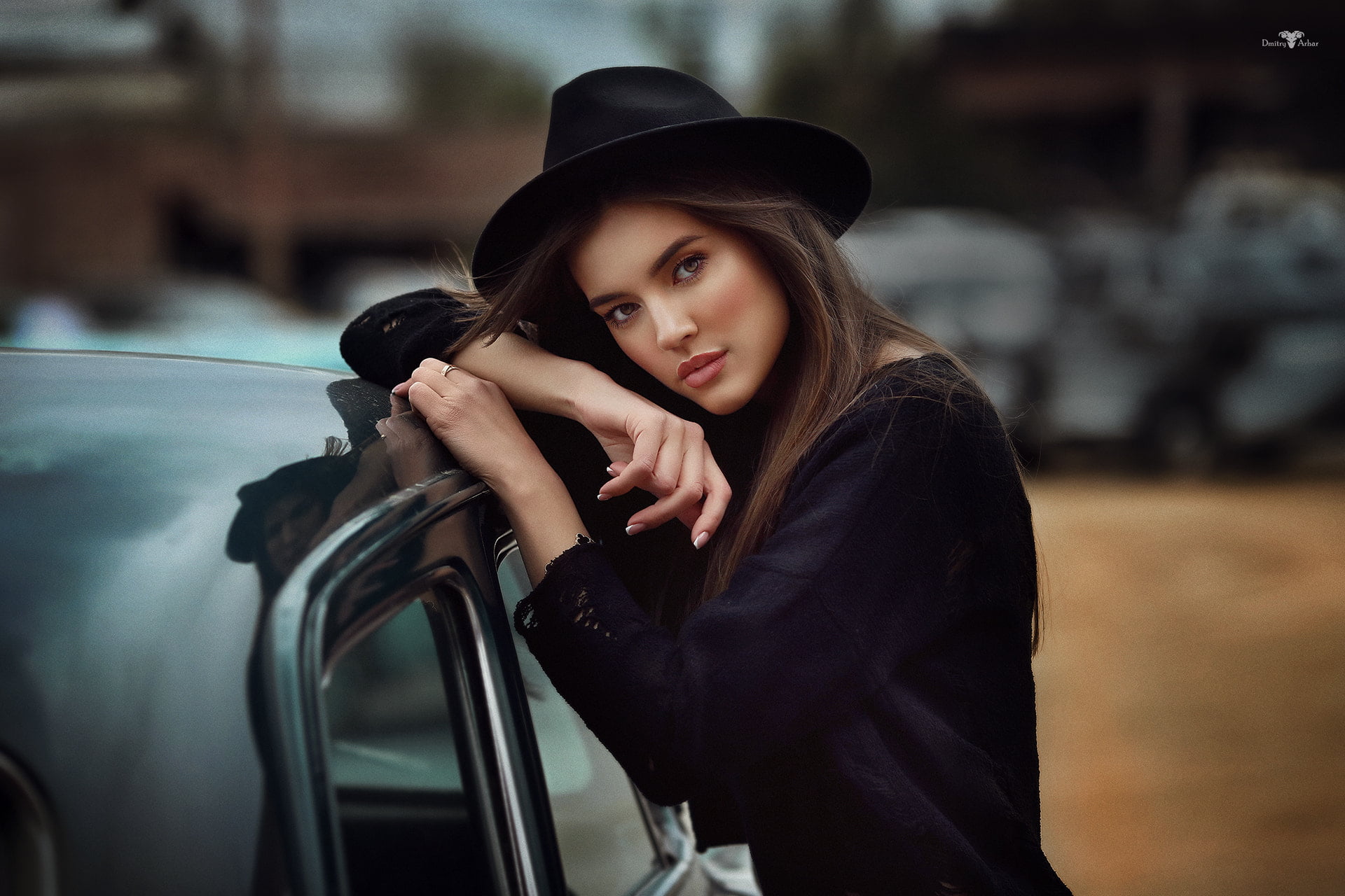 women, Dmitry Arhar, portrait, hat, women with cars, women with hats