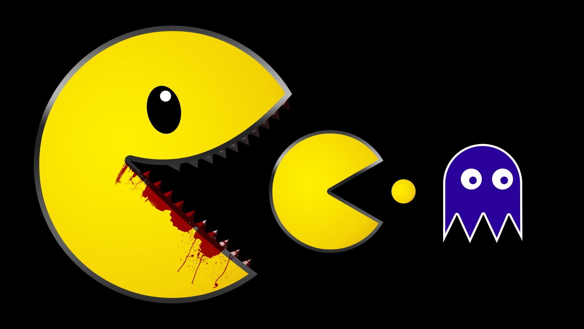 Pacman, dark humor, video games, black background, communication