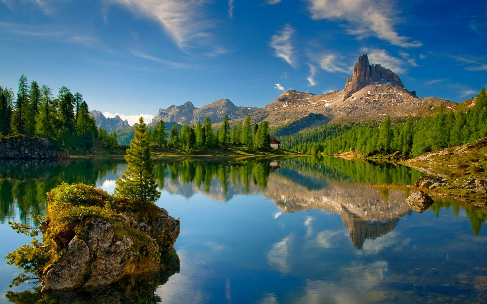 lake surrounded by pine trees, Dolomites (mountains), forest