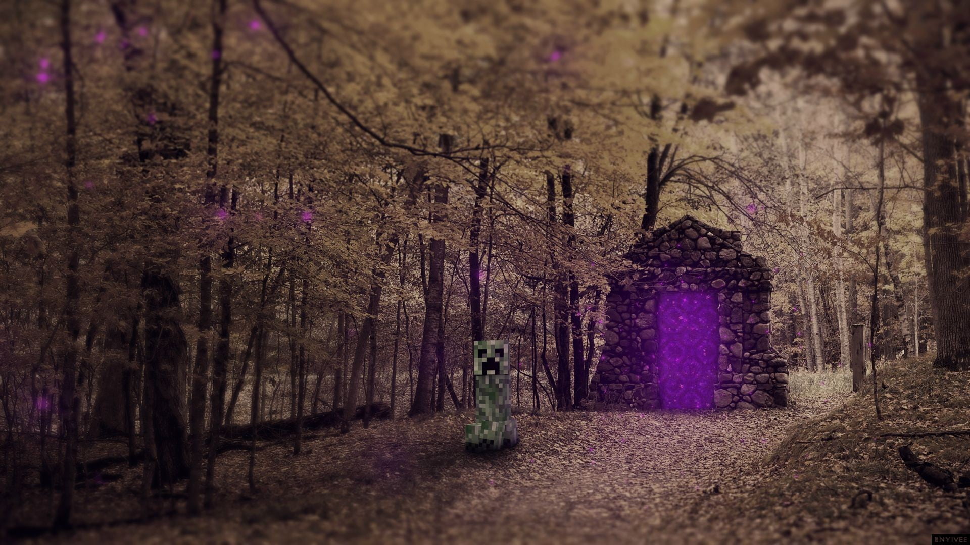Minecraft Creeper and Portal wallpaper, stone gateway with edited Minecraft creeper on forest photo