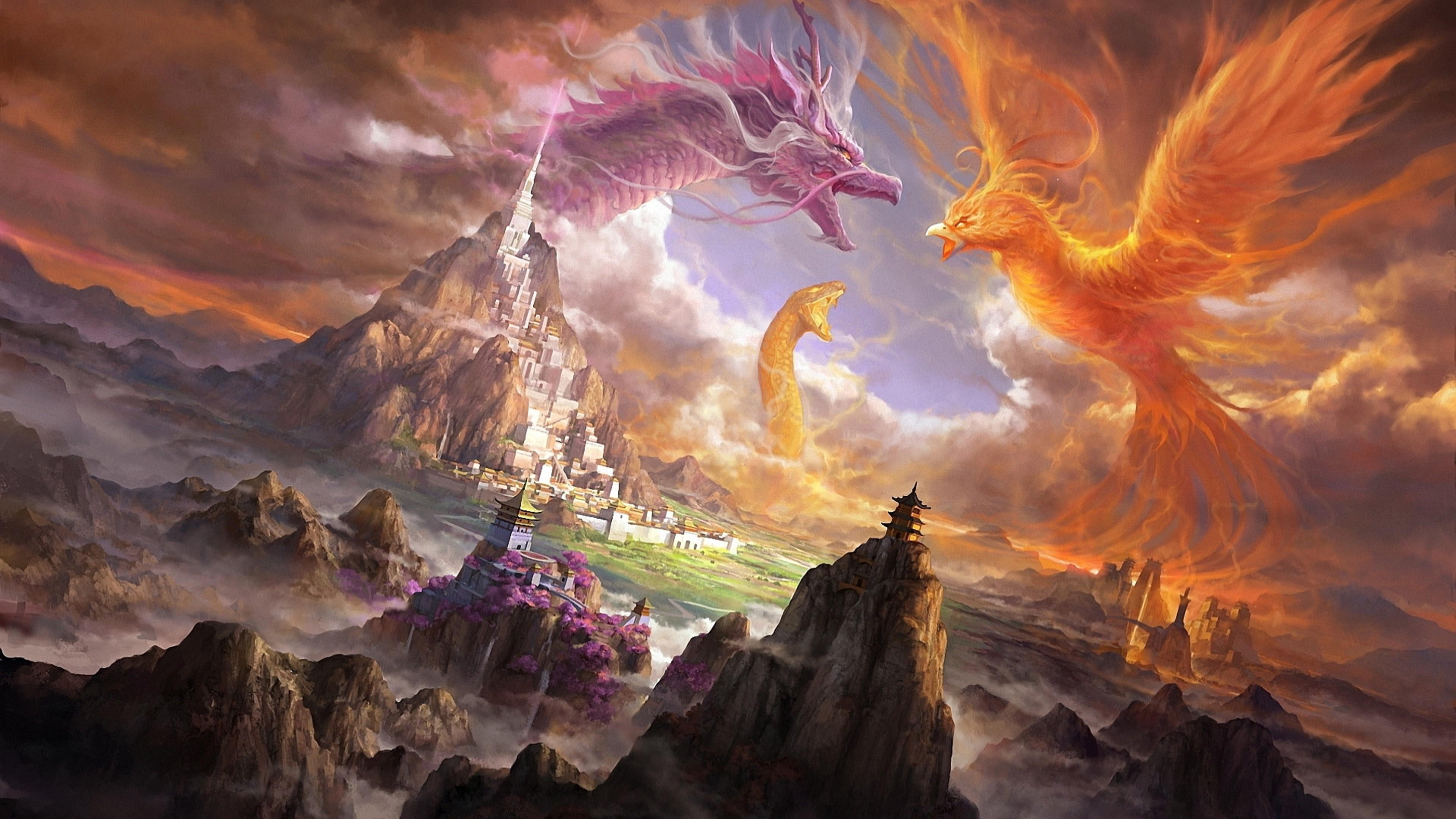 art, phoenix, dragon, snake, digital art, castle, landscape