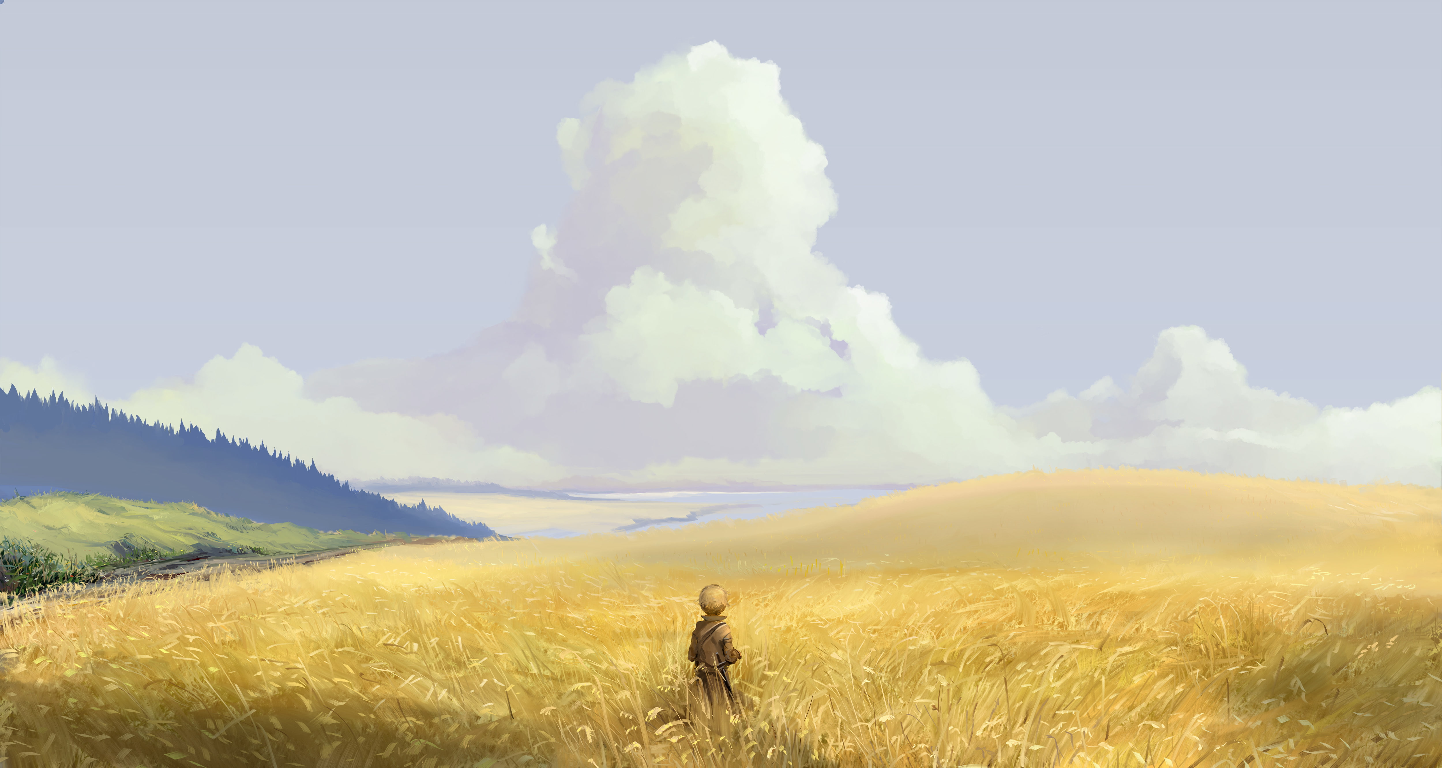 field, forest, the sky, clouds, nature, anime, art, guy, hangmoon