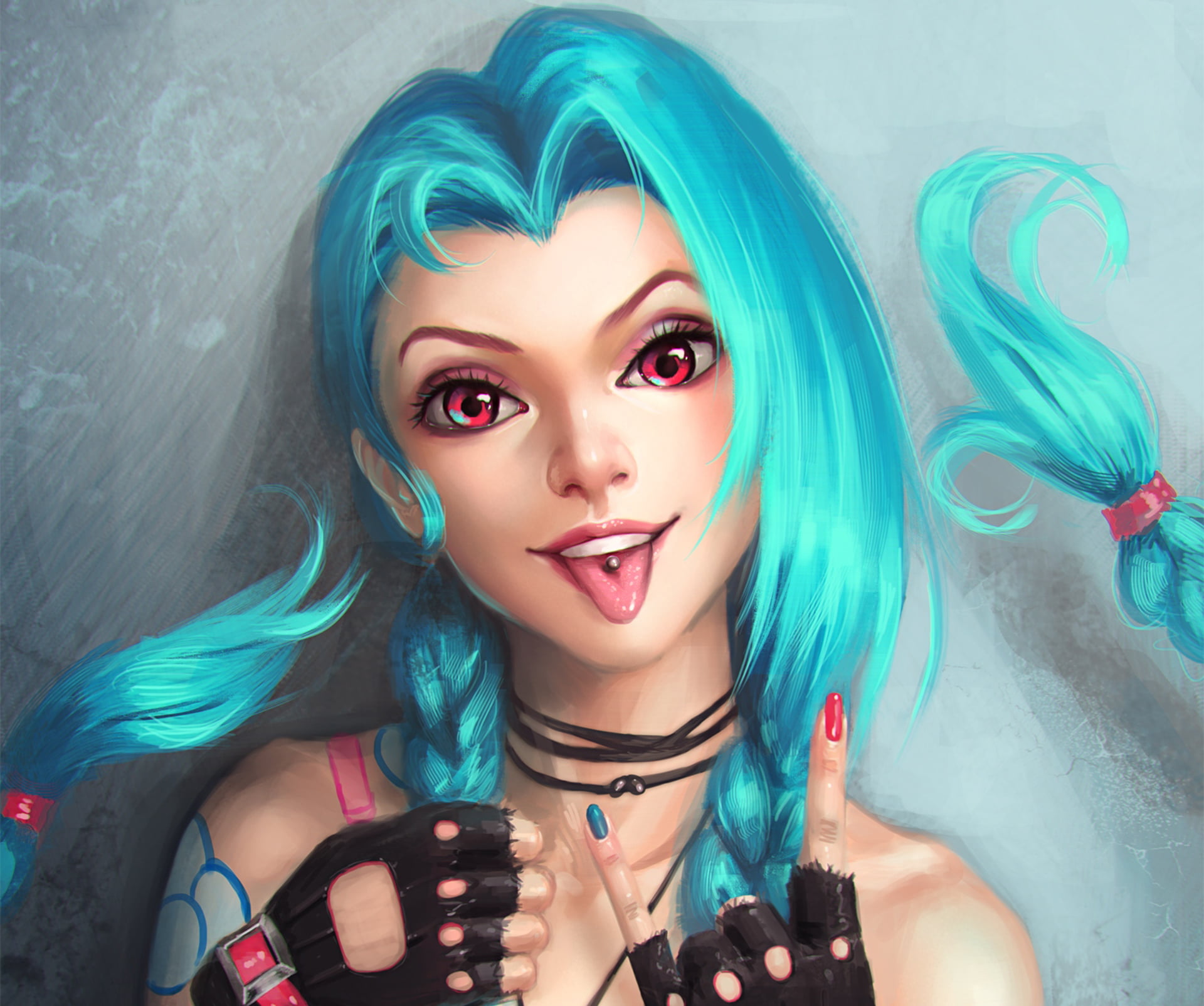 teal haired girl anime character, jinx, league of legends, art