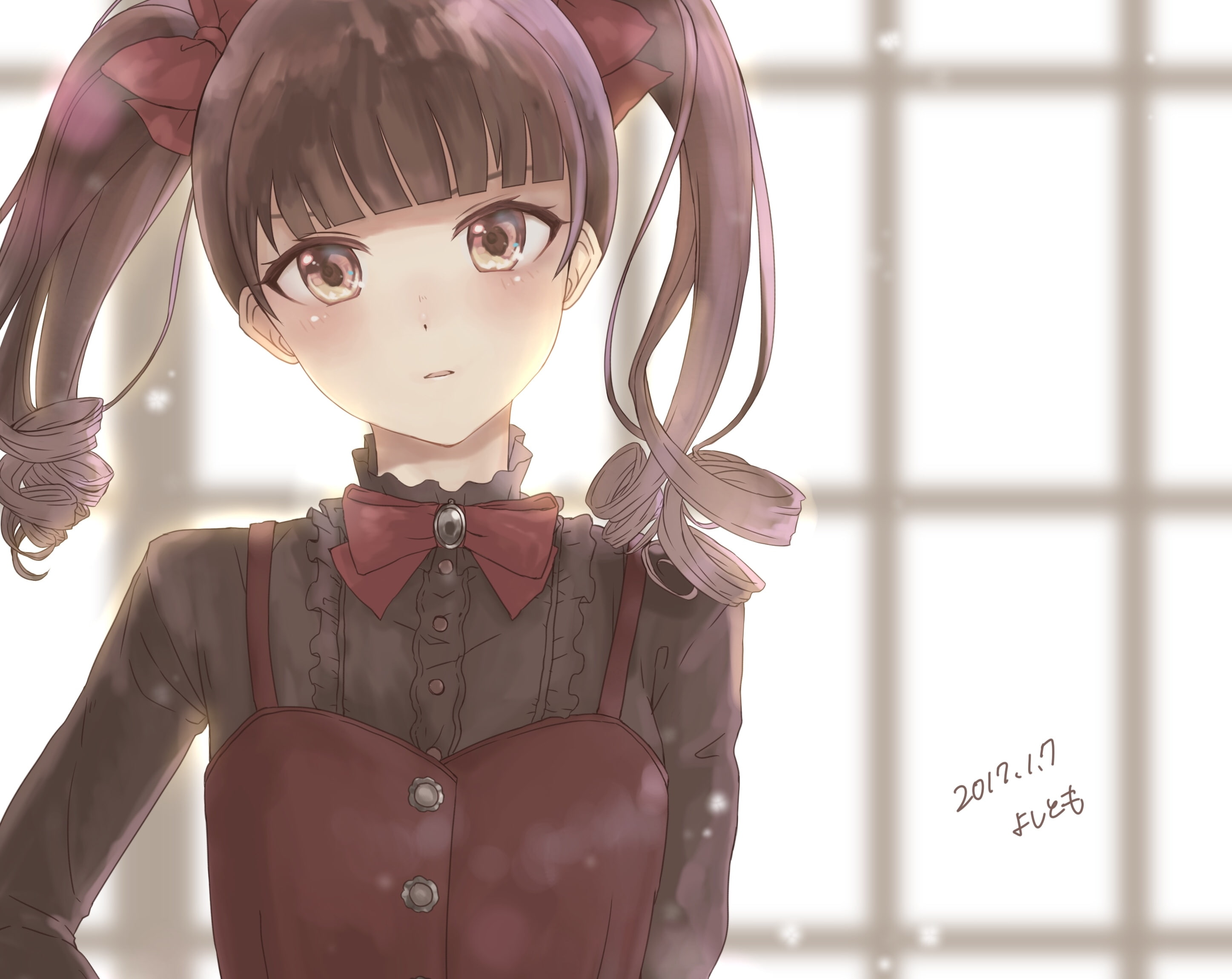 anime girl, twintails, ribbons, brown hair, black shirt, childhood