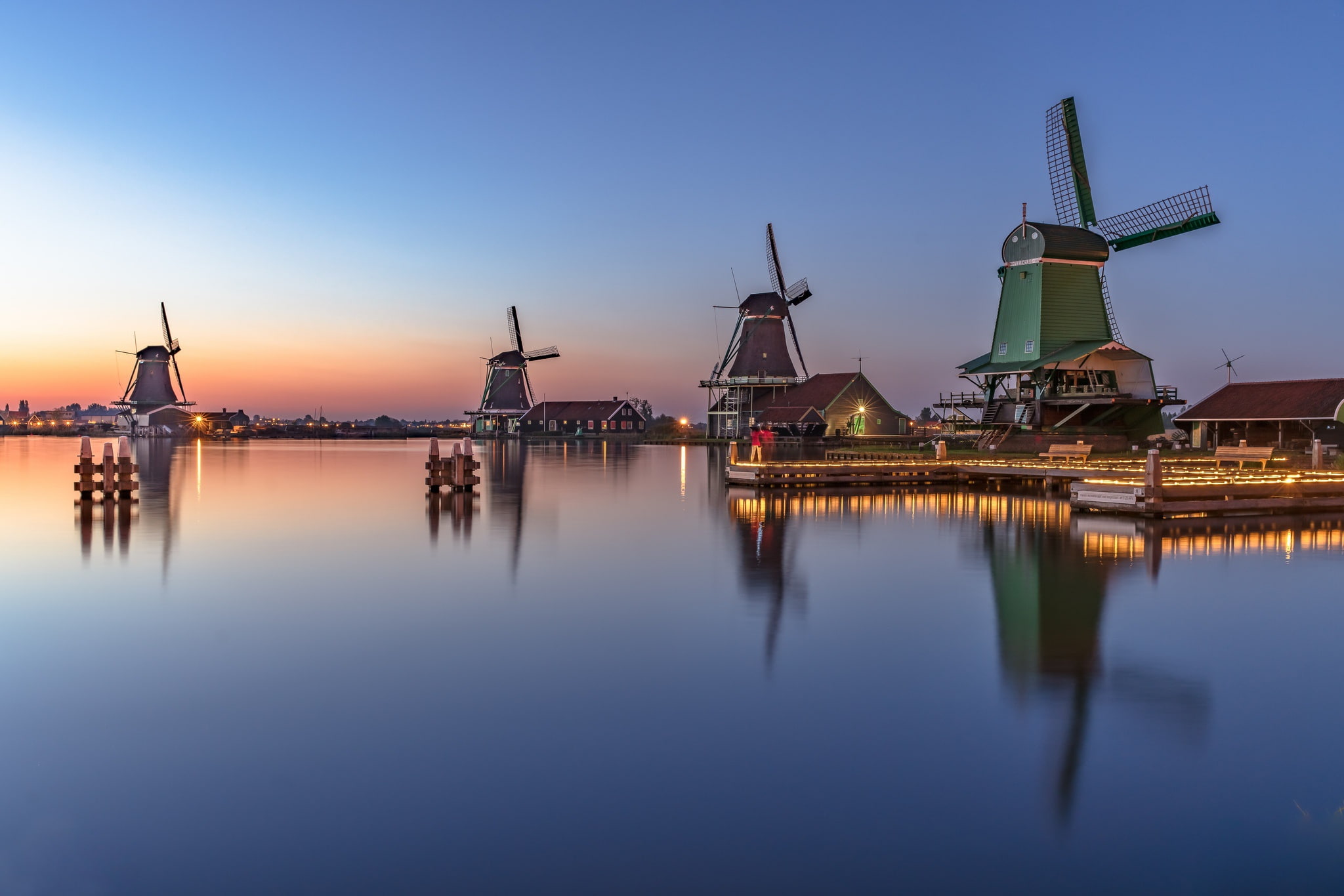 lights, the evening, mill, Netherlands, Holland, Zaanse Schans
