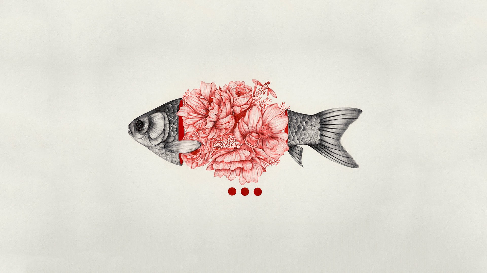 gray and pink floral fish painting, digital art, minimalism, simple background