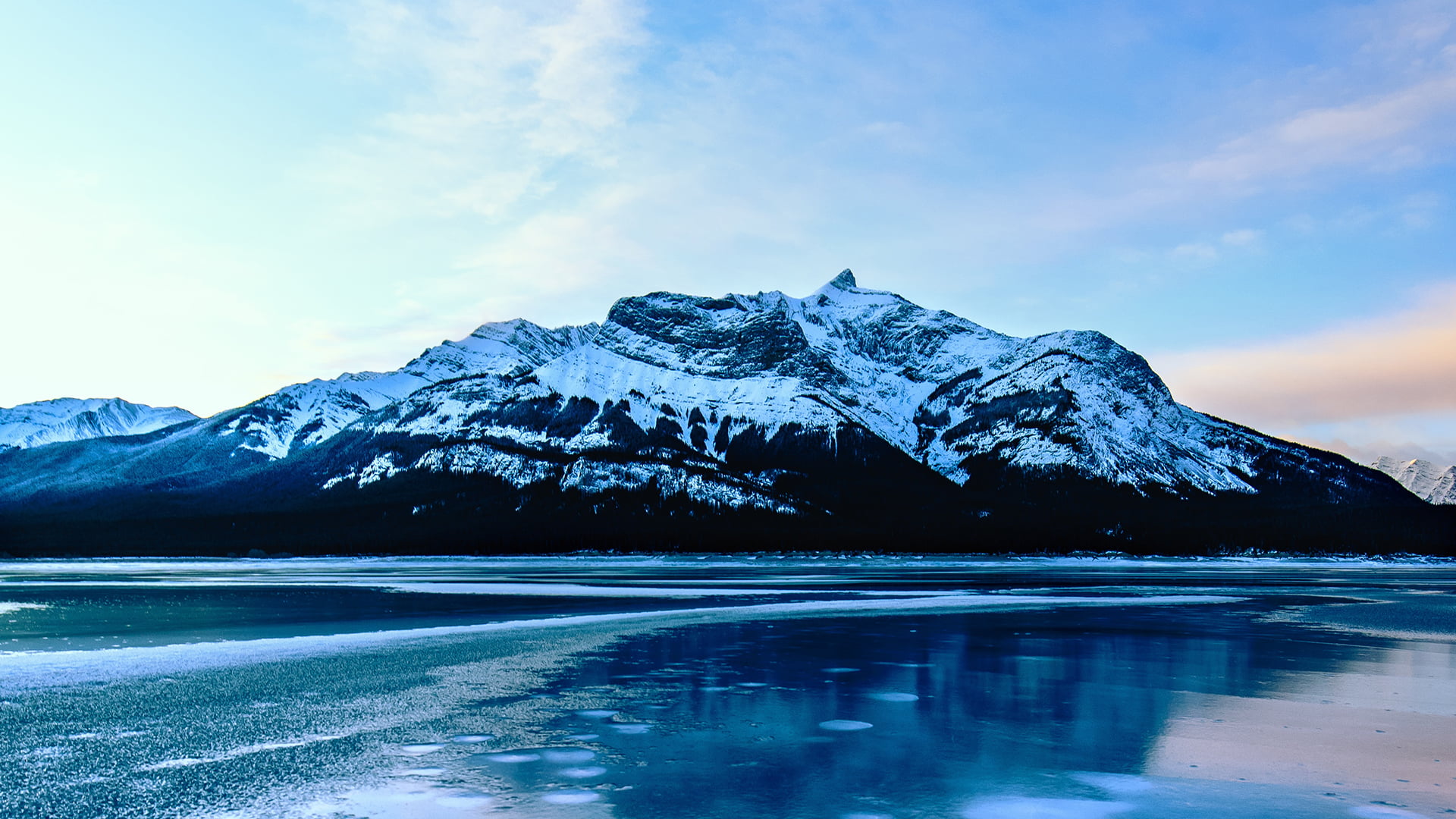 photography, snow, mountains, clouds, Abraham Lake, Rocky Mountains