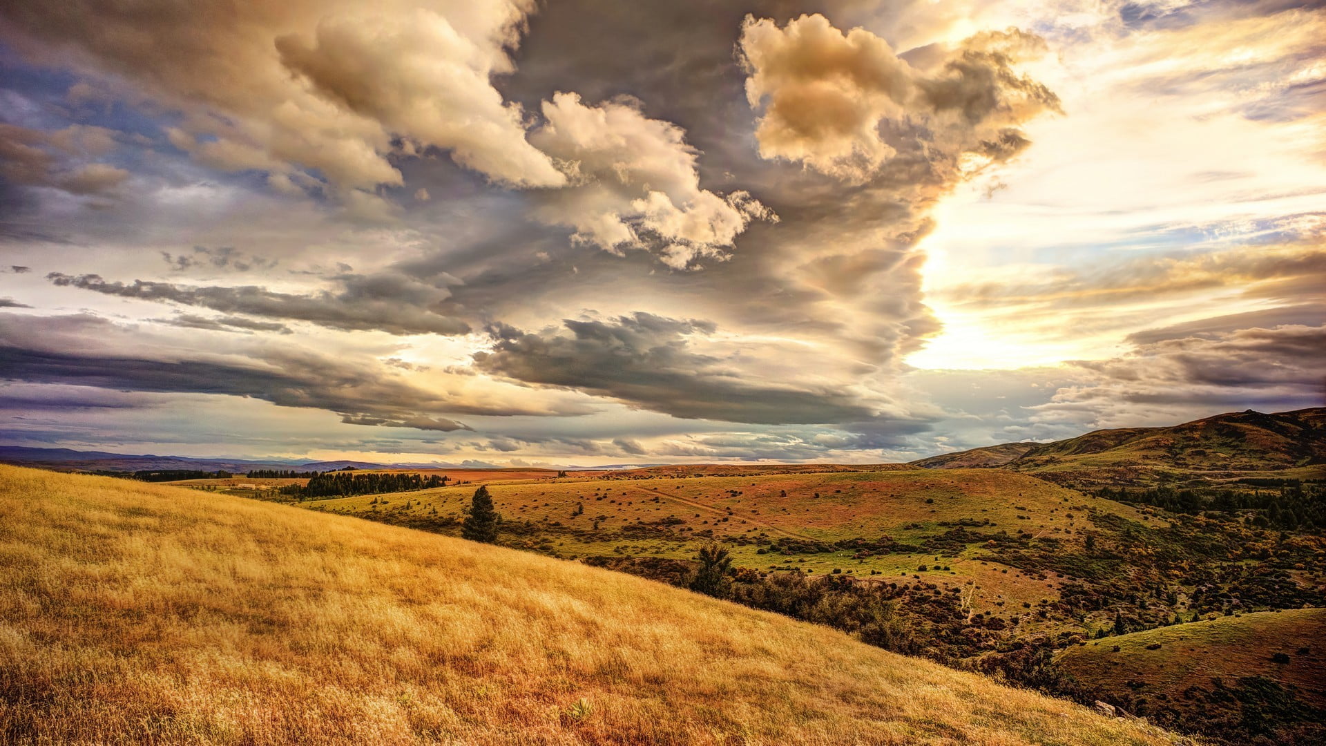brown dried grass field, landscape, sky, clouds, nature, Central Otago