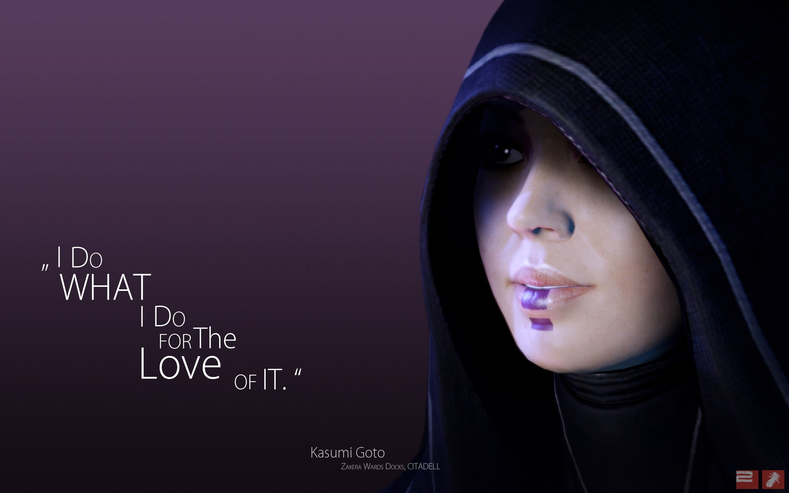 Mass effect, Kasumi goto, Hood, Face, Female, Quote, Look, Character