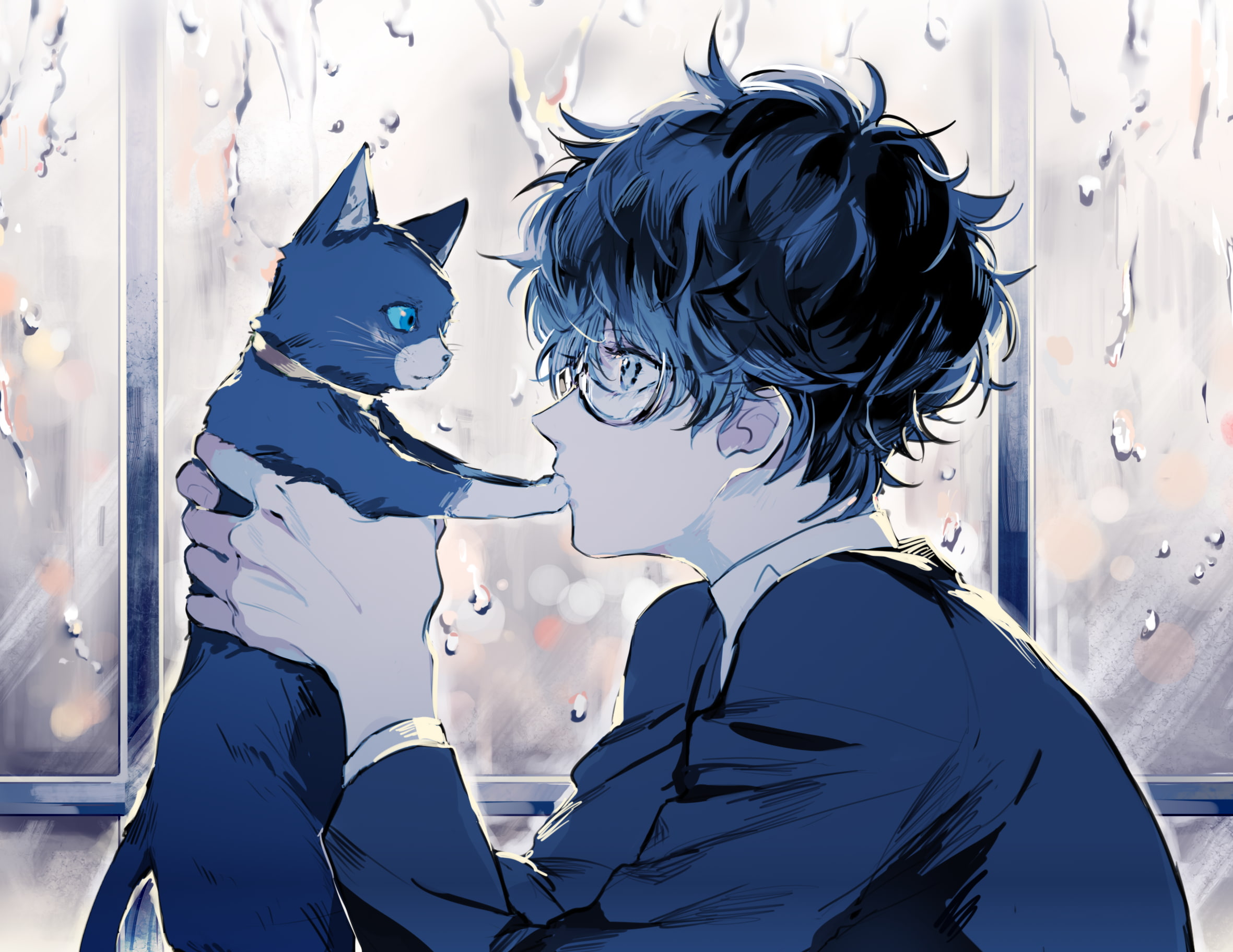 persona 5, kurusu akira, anime boy, cat, glasses, profile view