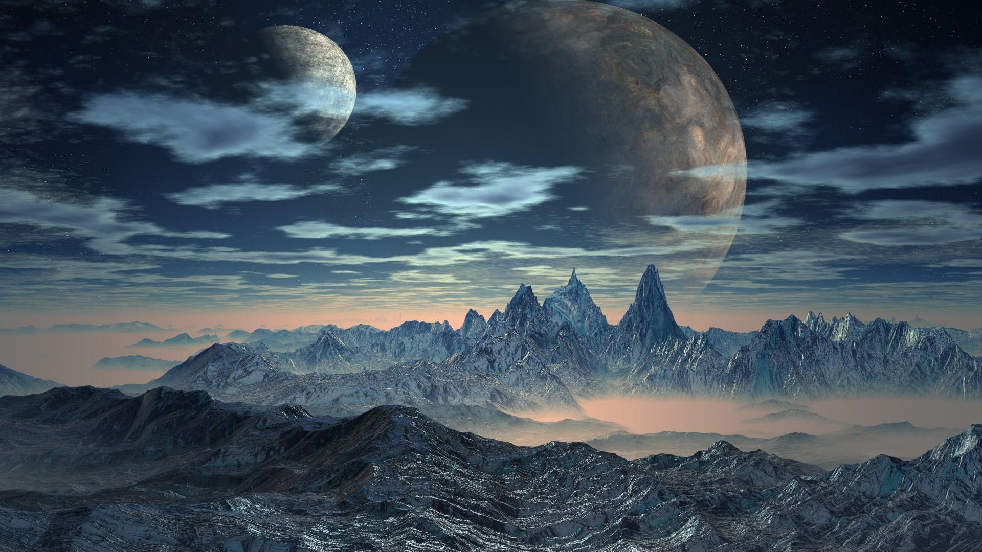 sky, nature, space art, outer space, moon, moons, fantasy art