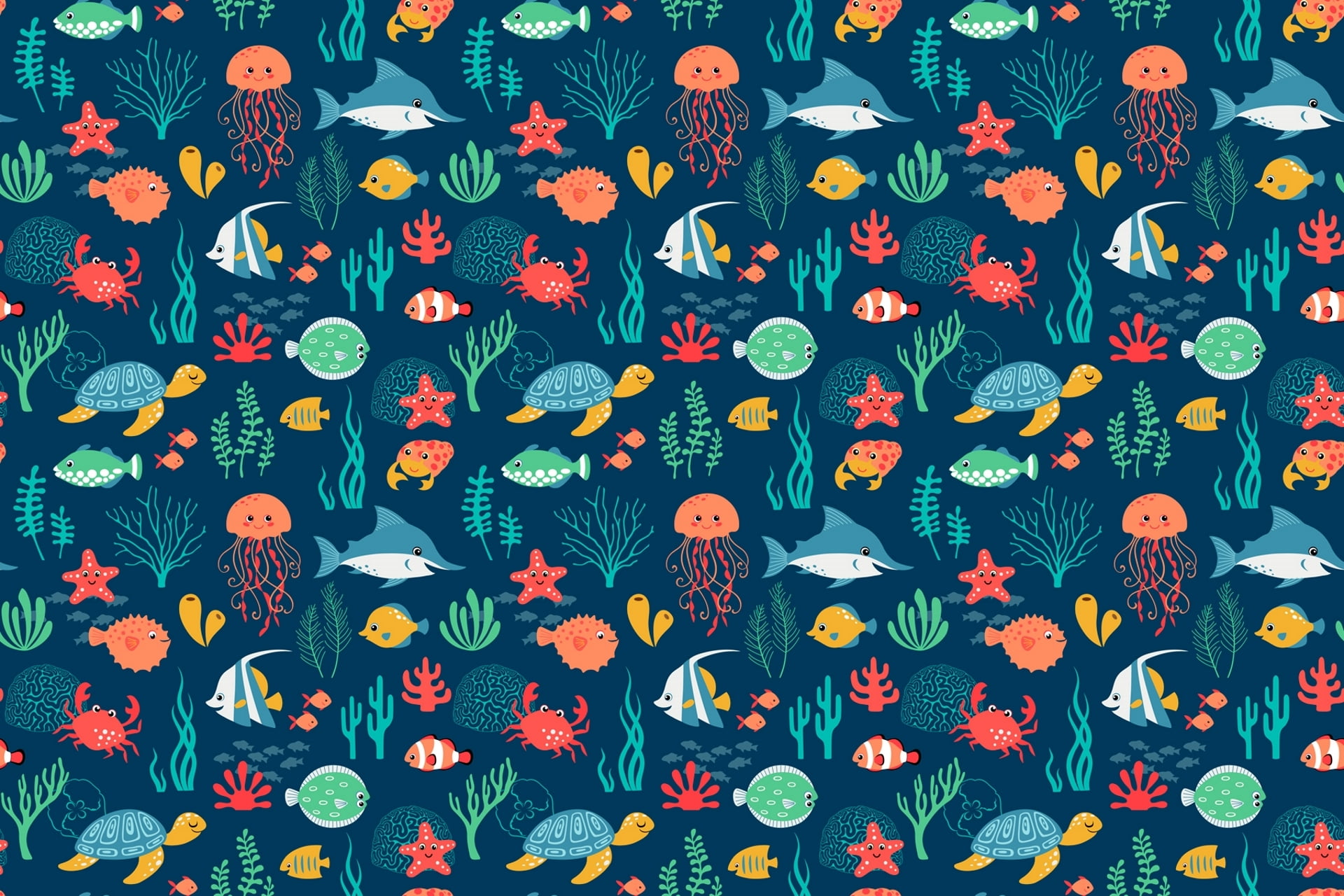 variety of fish illustration, turtle, jellyfish, art, texture