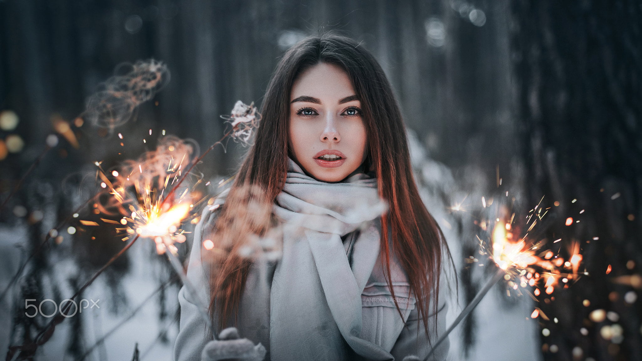 Anton Harisov, women, ombre Hair, scarf, winter, fireworks