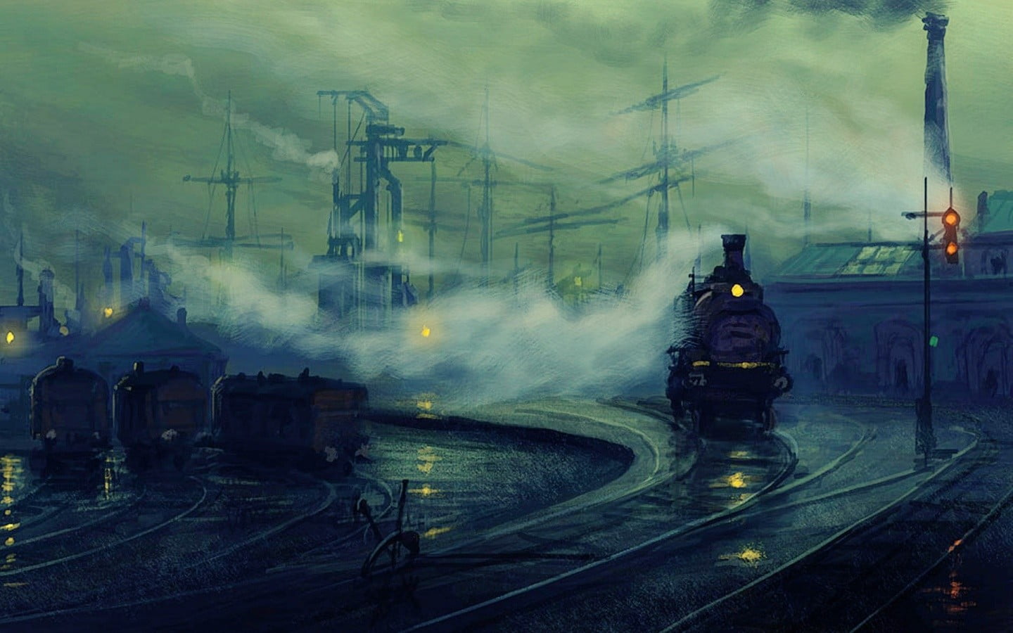 train on rail illustration, artwork, Lionel Walden, dock, painting