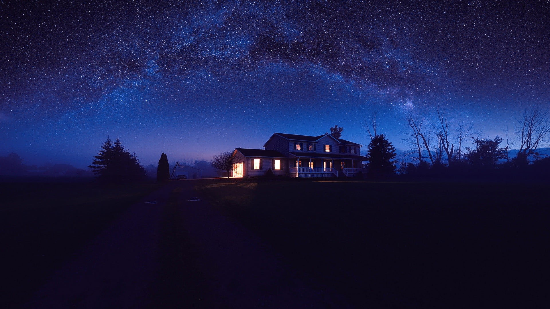 silhouette of house, night, stars, sky, lights, blue, star - space