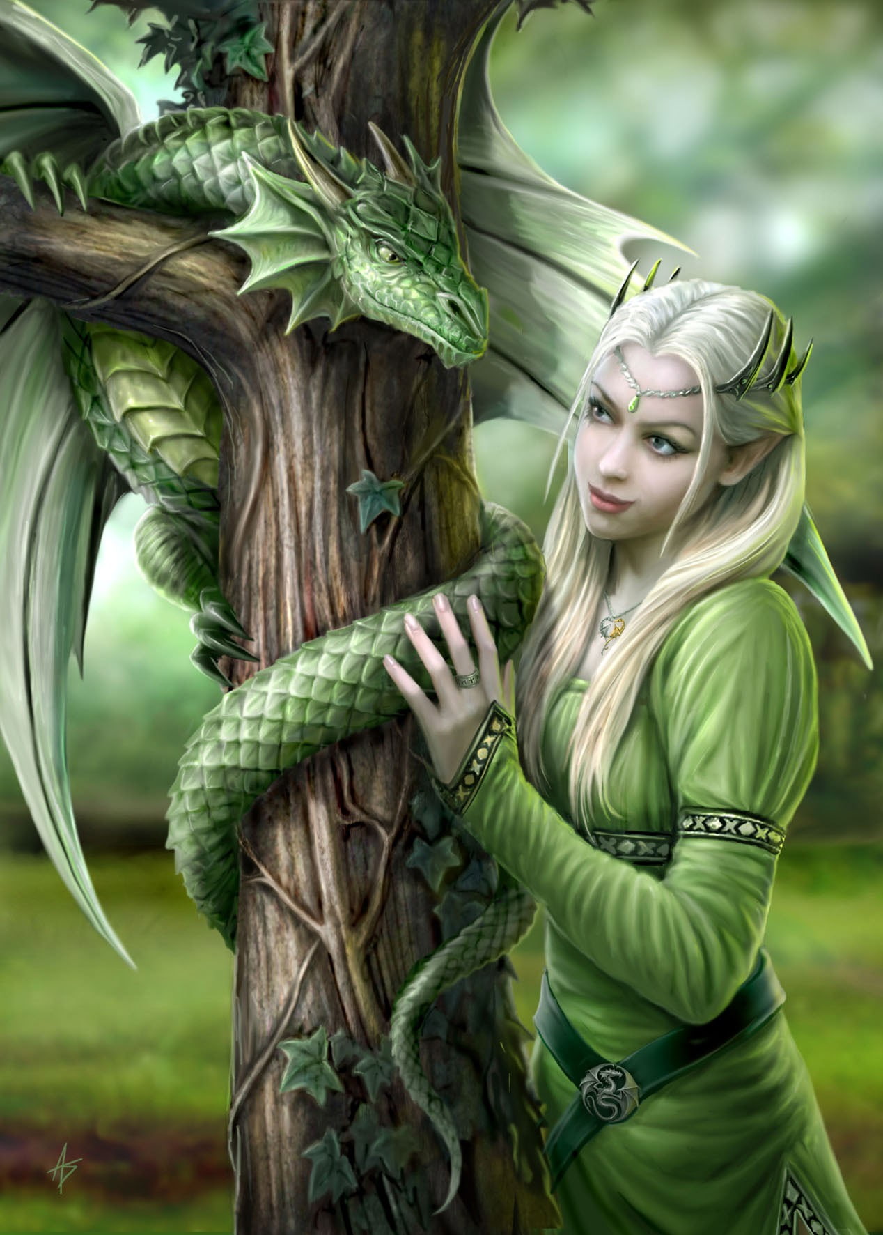fantasy art, women, Anne Stokes, dragon, portrait display, trees