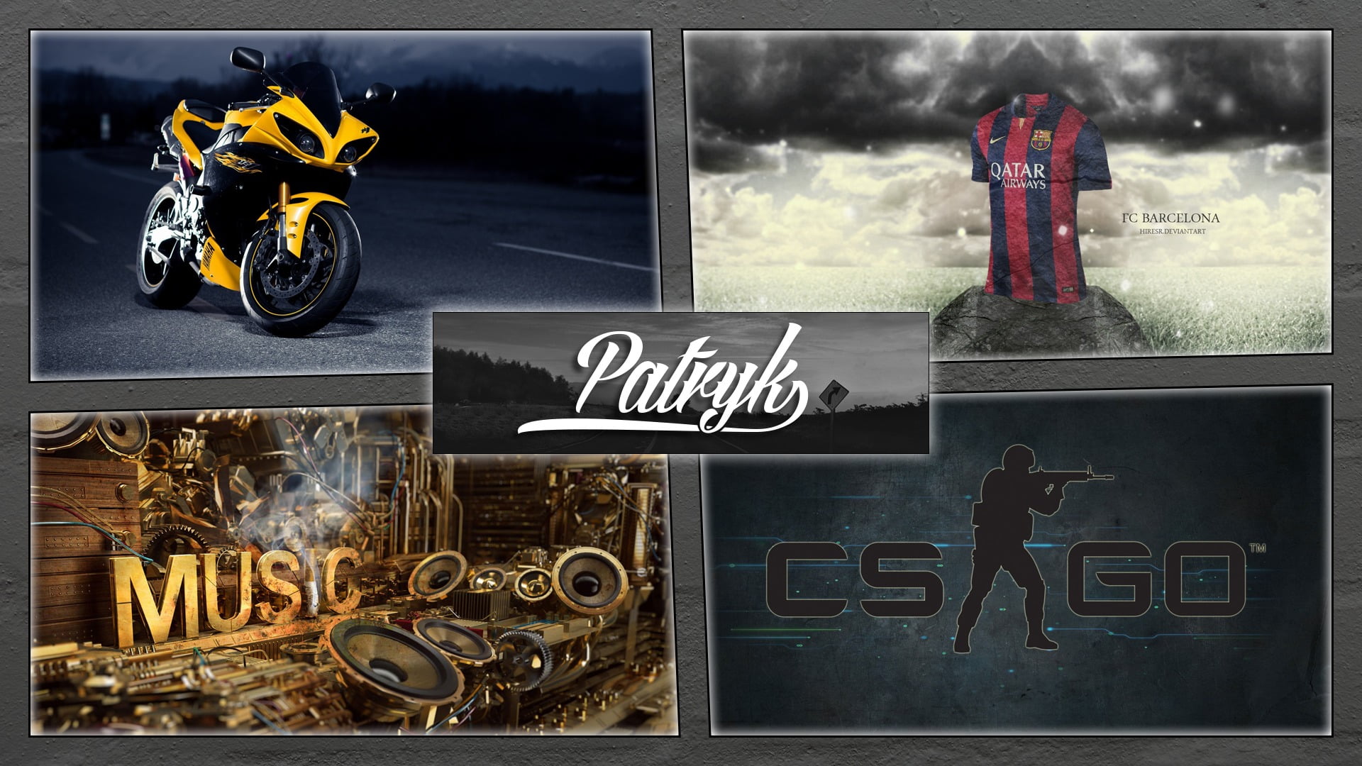 yellow sports bike, CSGO logo, red and black jersey shirt, and music artwork collage