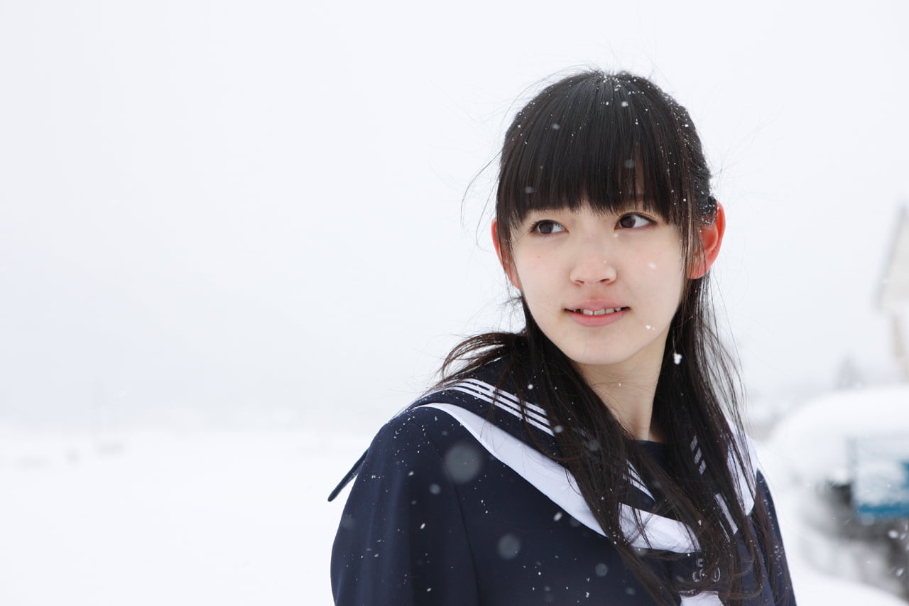 Airi Suzuki, outdoors, snow, school uniform