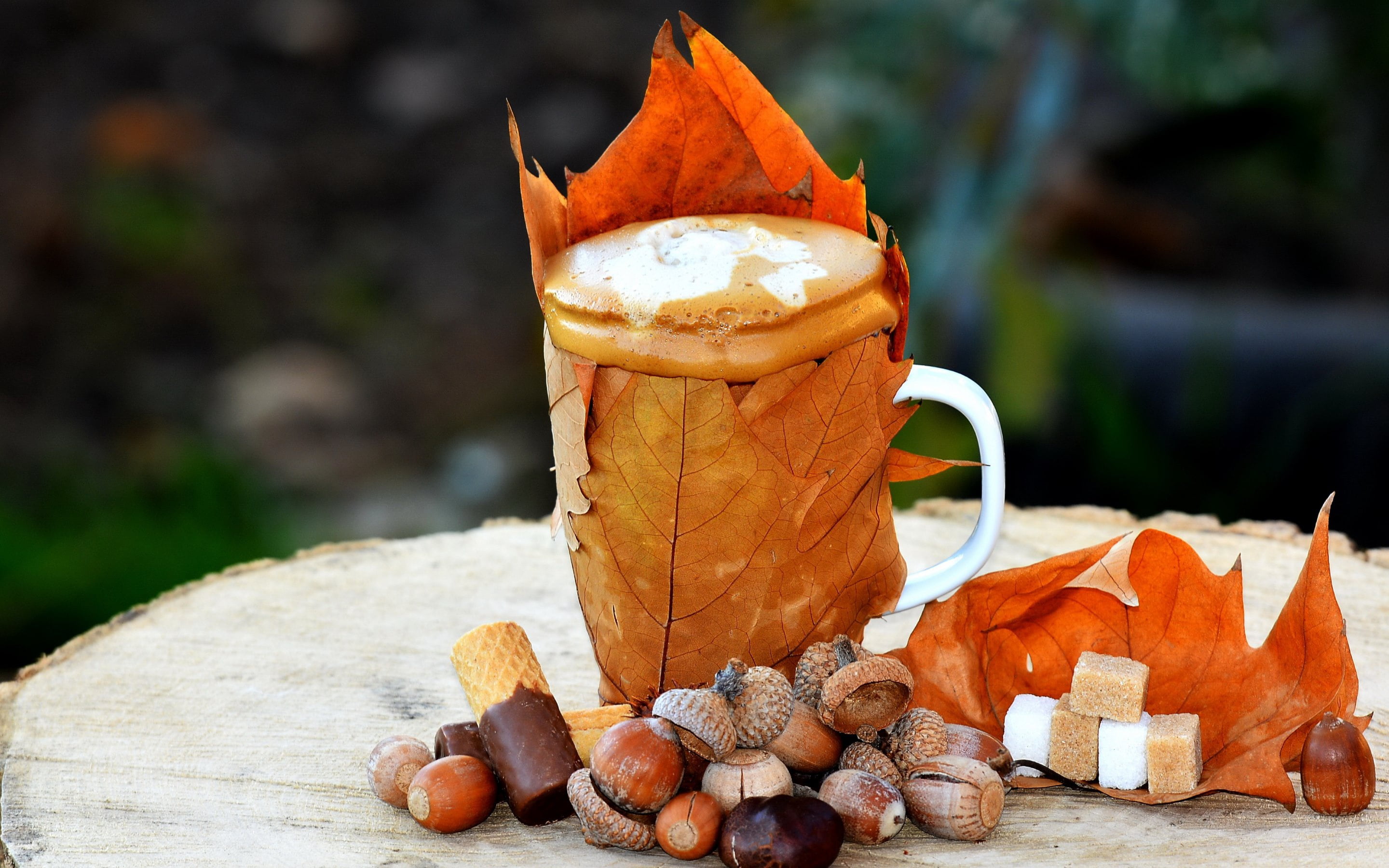 autumn, coffee, Cup, sugar, waffles, chestnut, maple leaves