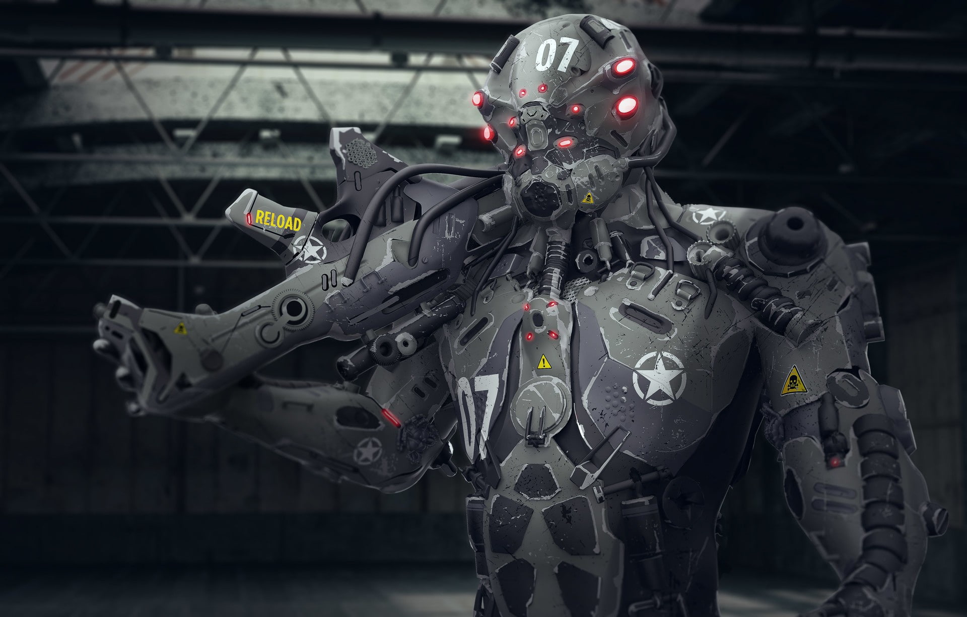 digital art, soldier, robot, weapon, futuristic, science fiction