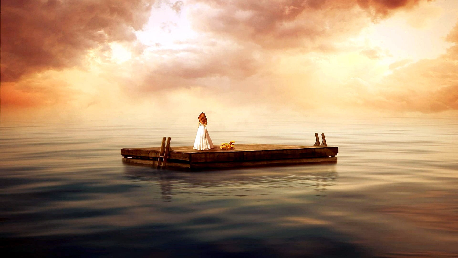 raft, little girl, fantasy art, alone, lost, nightmare, nautical vessel
