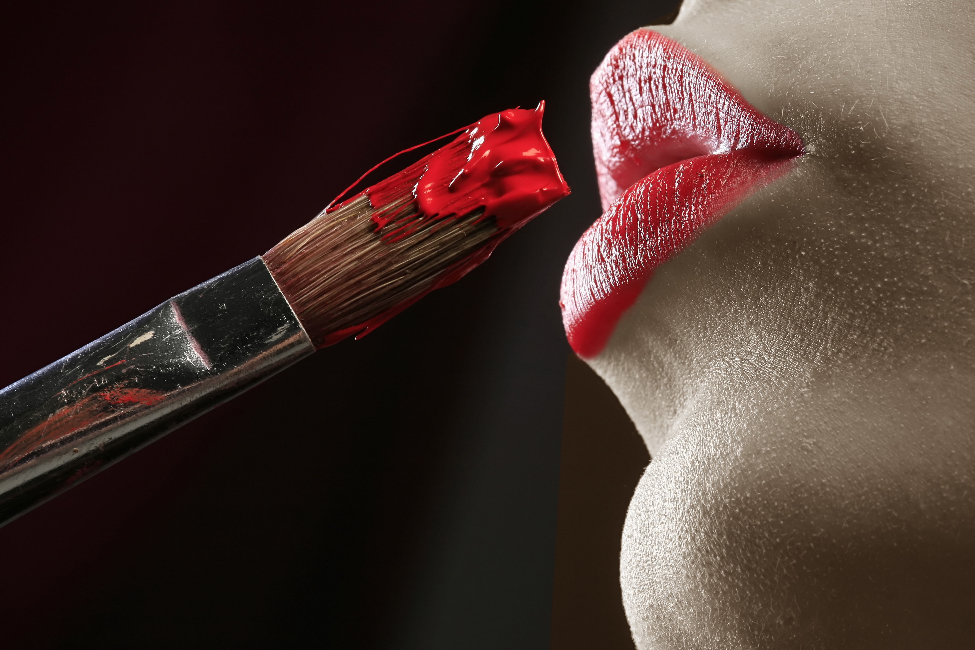 women, red, paint brushes, paint splatter, lips, red lipstick