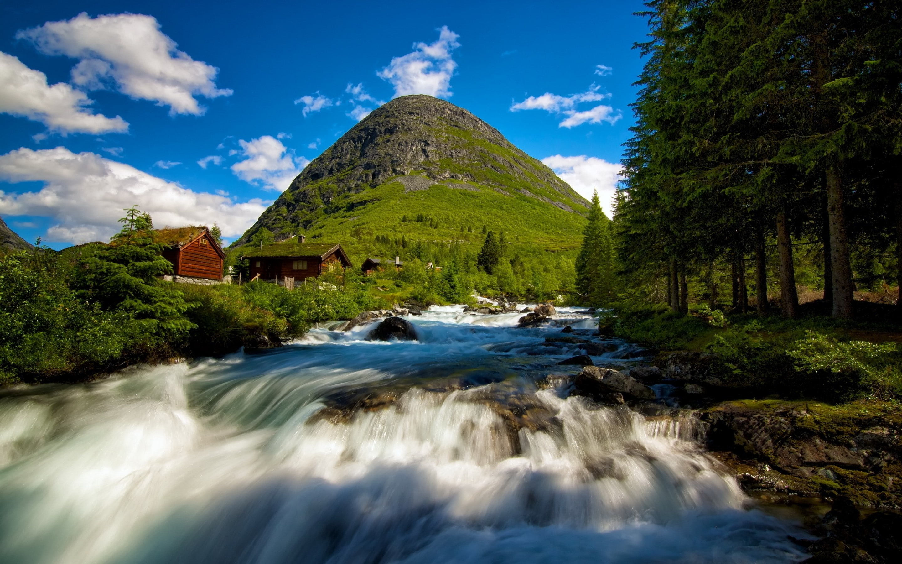 house, mountain, river, sky