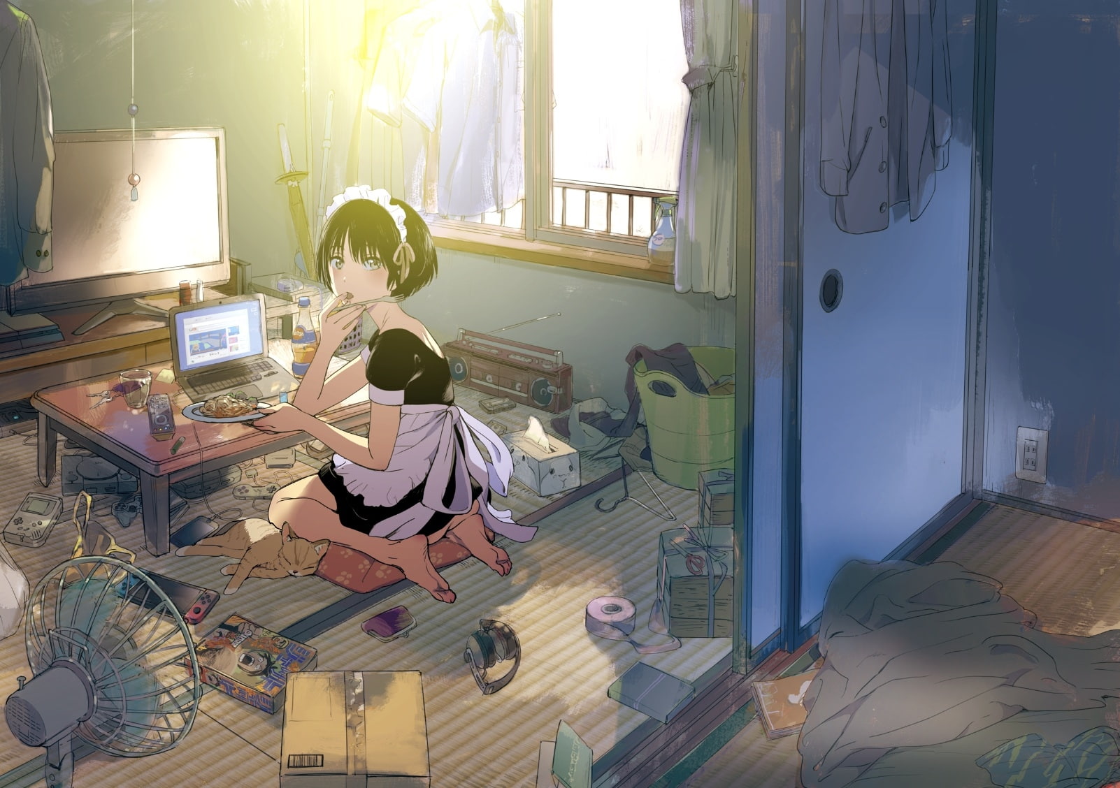 anime girl, apron, room, notebook, short hair, window, indoors