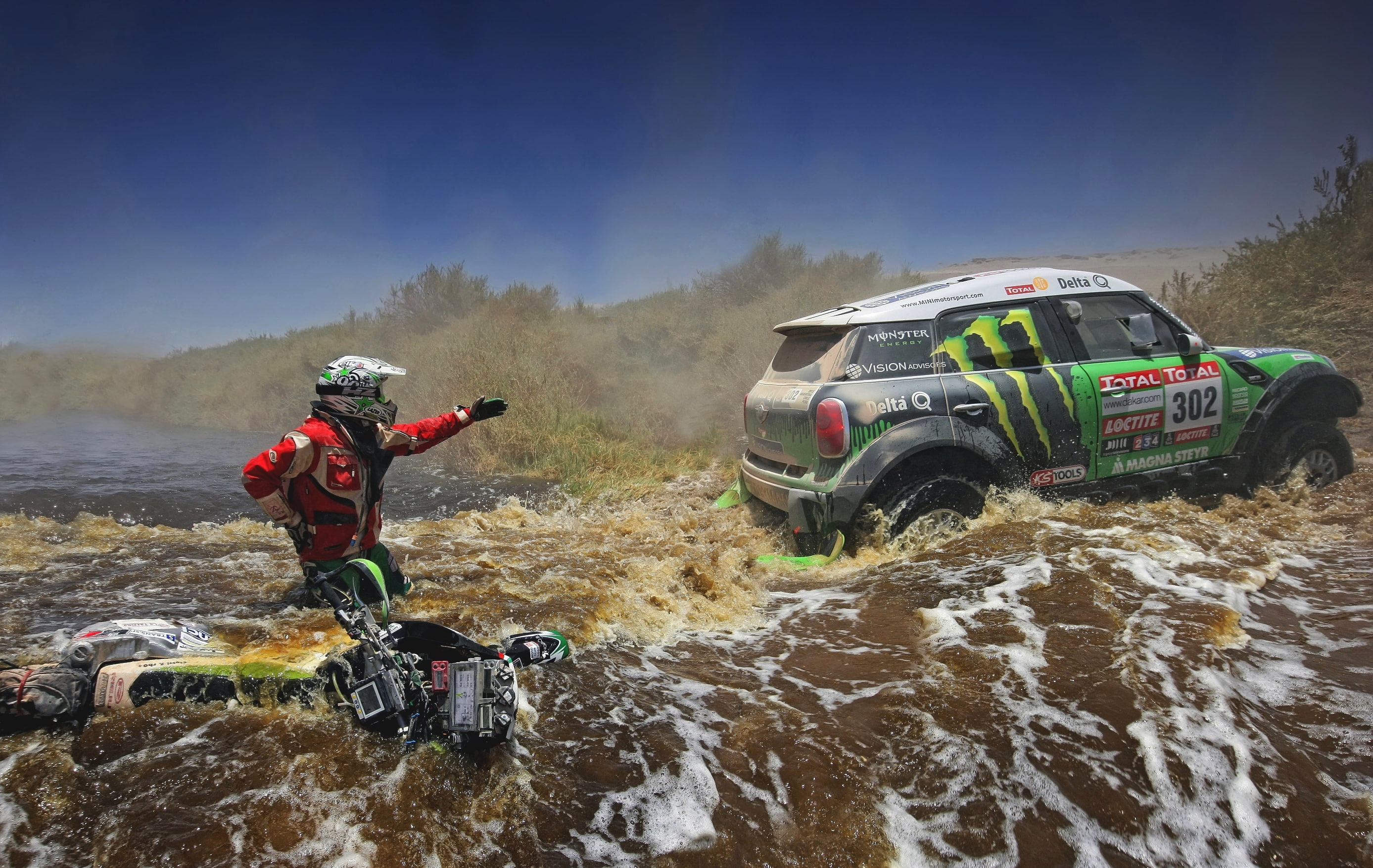 green, Water, River, Motorcycle, Racer, Mini Cooper, Rally
