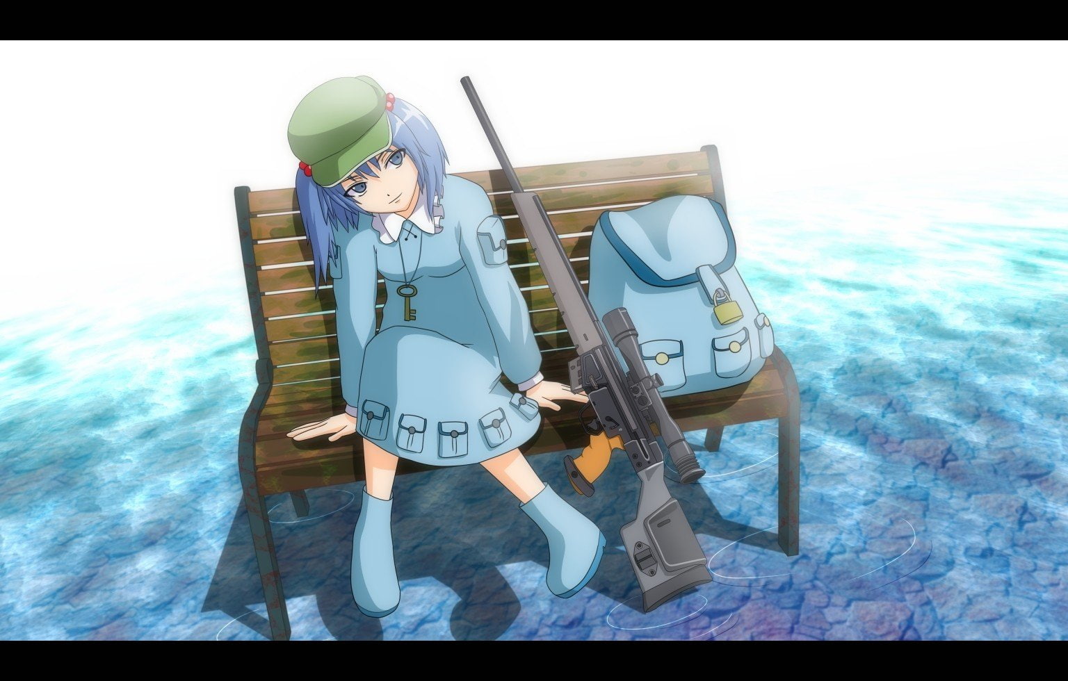 backpacks, blue, eyes, games, guns, hair, hats, kawashiro, nitori