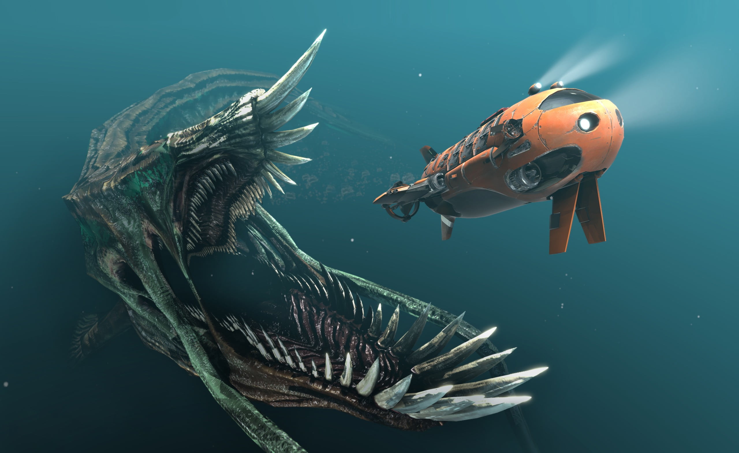 orange submarine, fantasy art, digital art, drawing, underwater