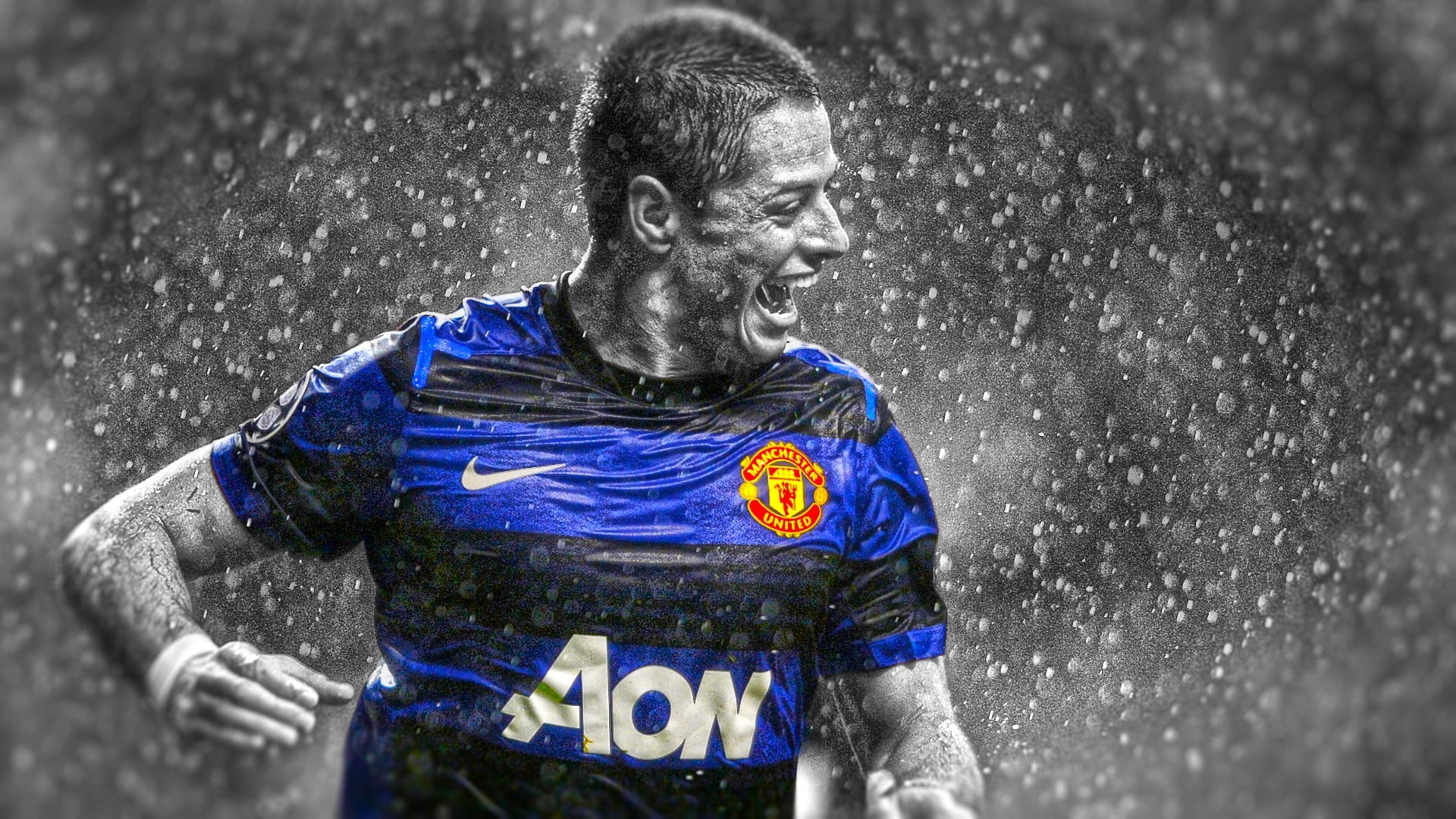 blue and black printed shirt, Manchester United , Javier Hernandez
