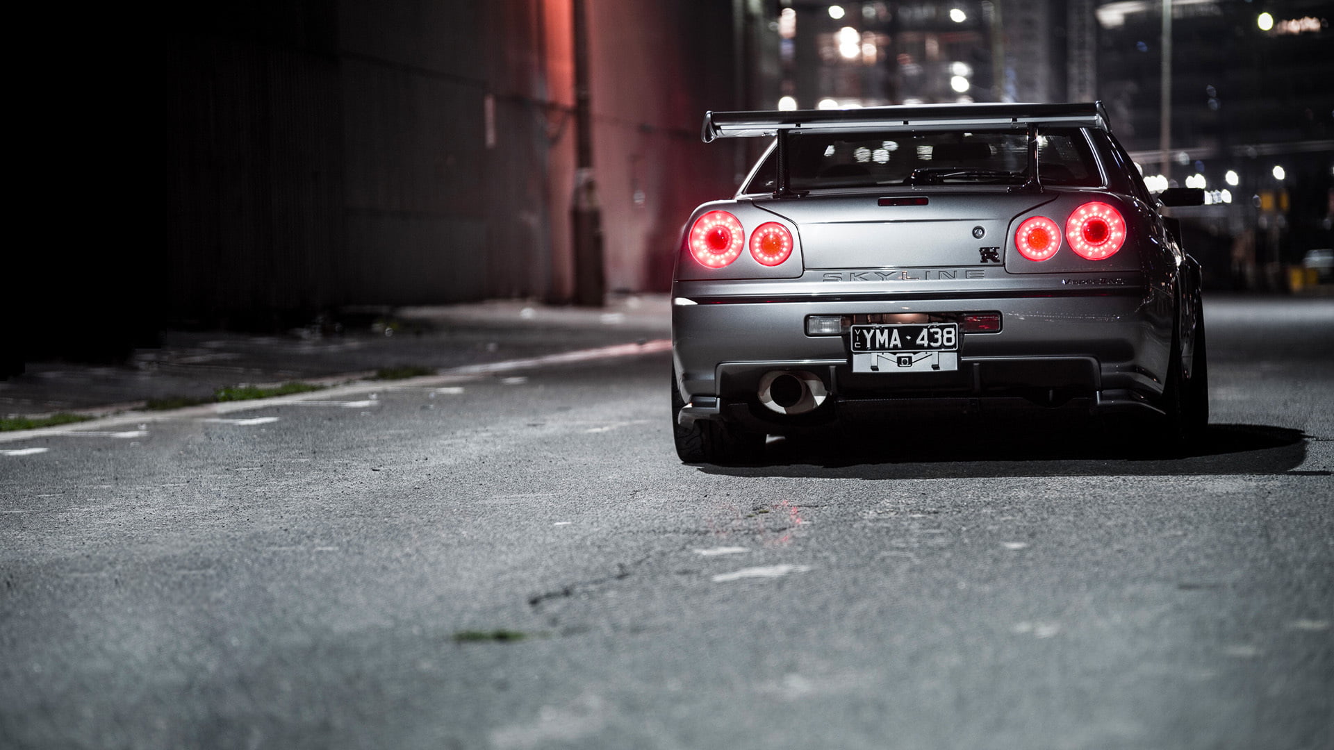 silver Nissan Skyline GTR r34, Night, Lights, Organic Metal, Lane