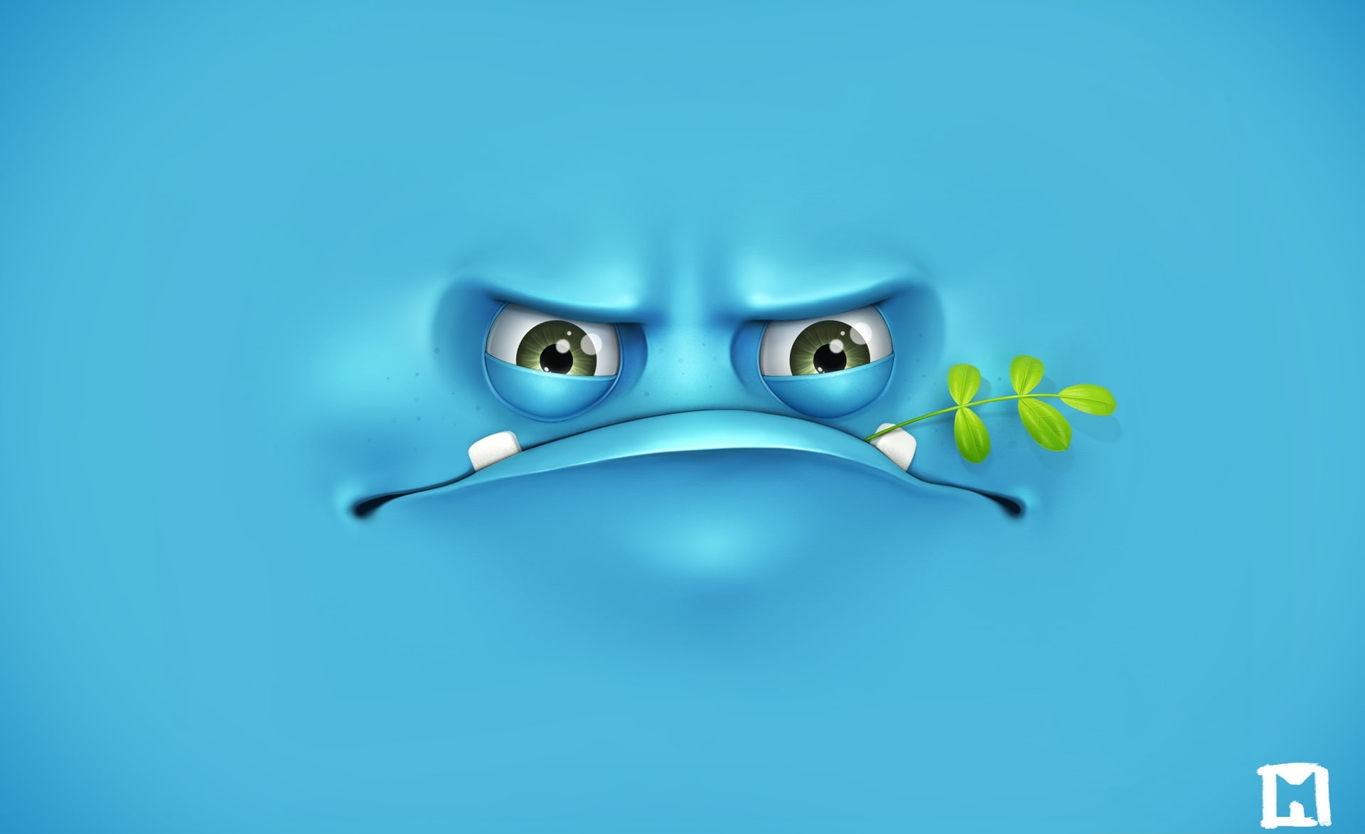 Grumpy, Funny Blue Monster 3D, studio shot, colored background