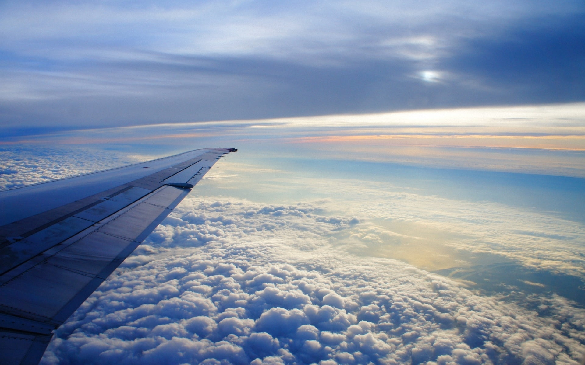 aircraft wingtip, sky, altitude, clouds, airplane, flying, soaring
