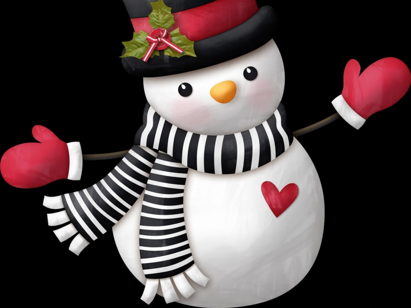 white snowman figurine, scarf, hat, heart, mittens, christmas