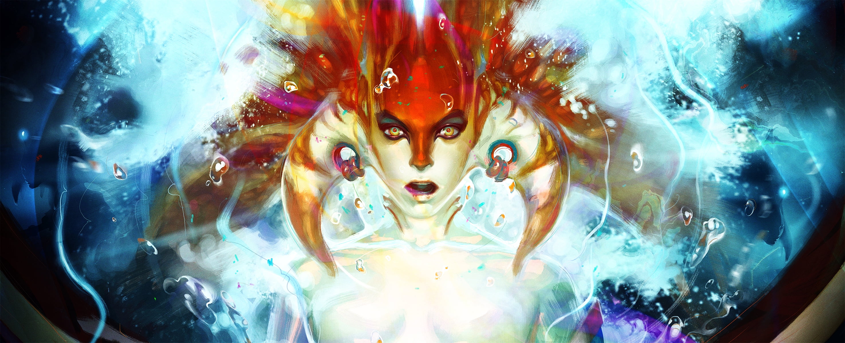Art Dota 2 Naga Siren Girl Face Water Bubbles Horn Fantasy Women Females Face Pov 2656×1080