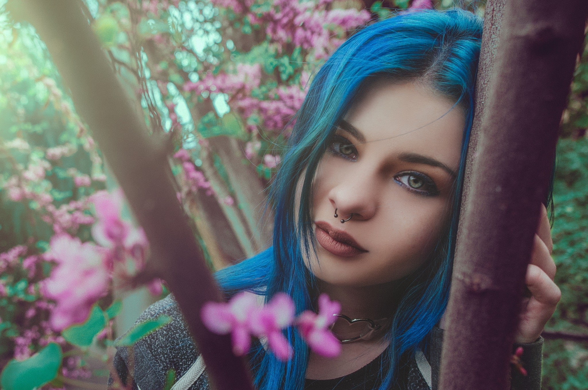 women, face, dyed hair, portrait, blue hair, nose rings, depth of field