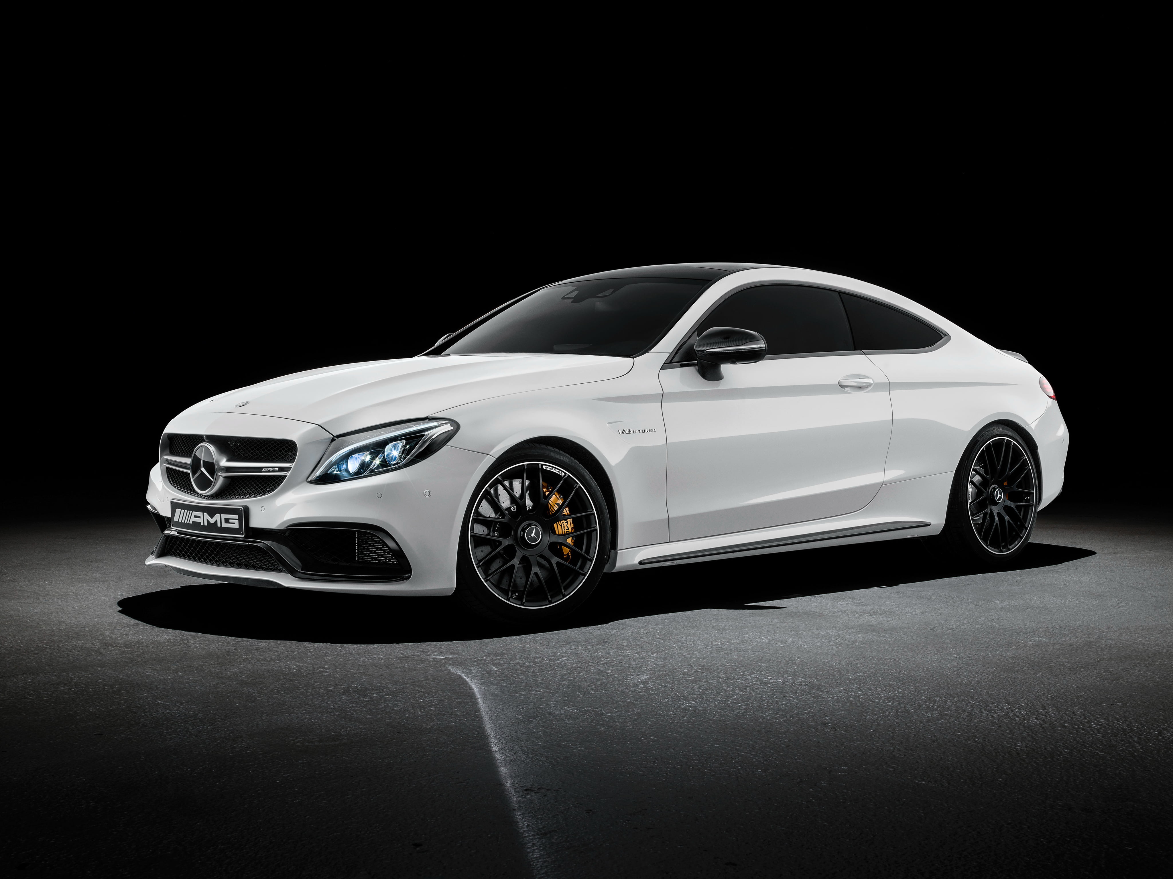 white Mercedes-Benz coupe, black background, AMG, C-Class, C205